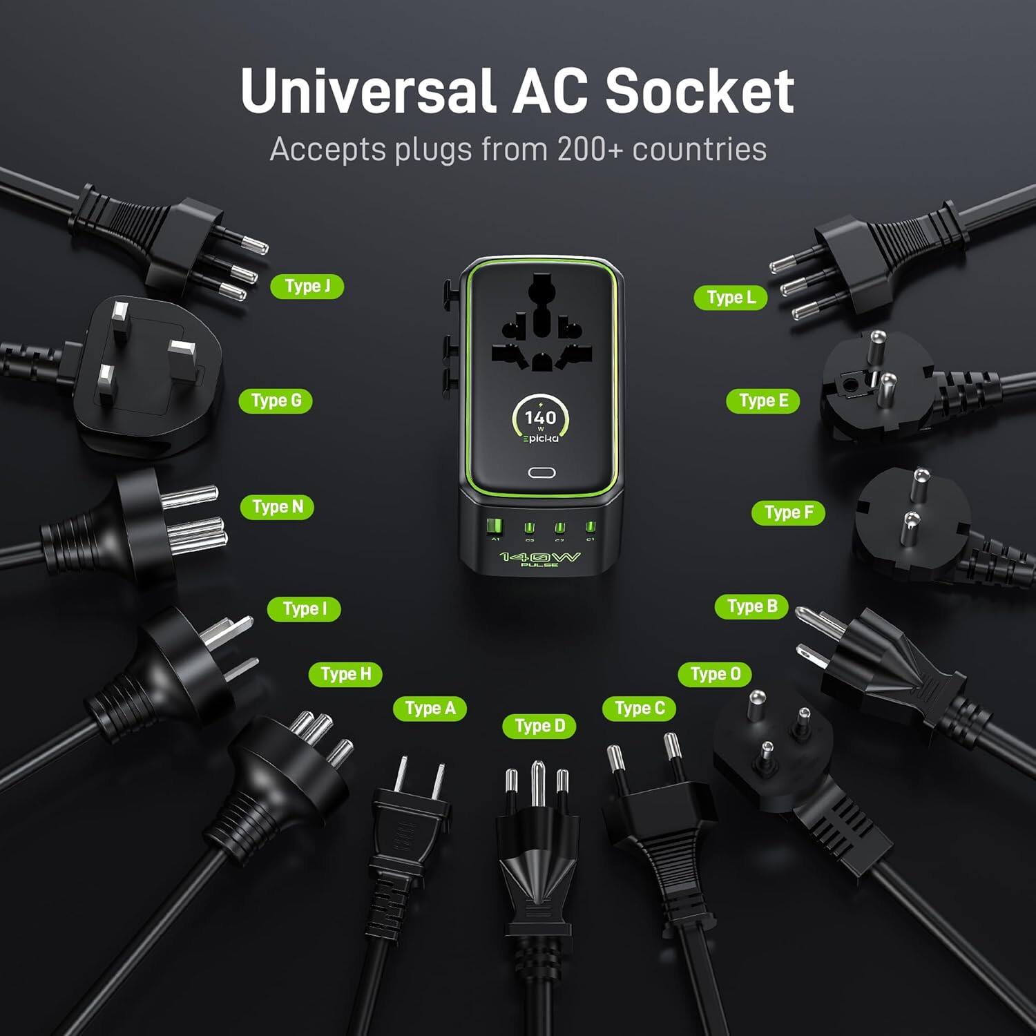 Universal AC Socket  
Accepts plugs from 200+ countries  
Type J  
Type L  
Type G  
Type E  
Type N  
Type F  
Type B  
Type H  
Type A  
Type D  
Type C  
Type O