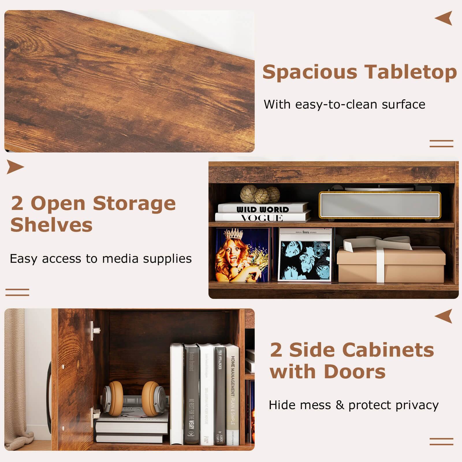 The image has a description that reads: "Spacious Tabletop With easy-to-clean surface 2 Open Storage Shelves WILD WORLD VOGUE So Easy access to media supplies cmtoet O RESTFORTHEWEARY WEAPY se i I i i E HOME MANAGEMENT FLA PLAIN &.SIMPLE 2 Side Cabinets with Doors Hide mess & protect privacy." The text has been grouped and corrected as follows:

1. Spacious Tabletop: A tabletop with a large surface area, making it easy to clean.
2. Open Storage Shelves: Two shelves with open storage compartments, providing easy access to media supplies.
3. Wild World, Vogue, and Home Management: These are magazines that can be found on the shelves.
4. Plain & Simple: A book that can be found on the shelves.
5. Two Side Cabinets with Doors: Two cabinets with doors that can be used to hide mess and protect privacy.