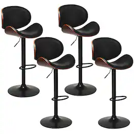Gymax - Set of 4 Bentwood Barstool Mid-Century Adjustable Swivel PU Leather Curved Back - Black, Brown
