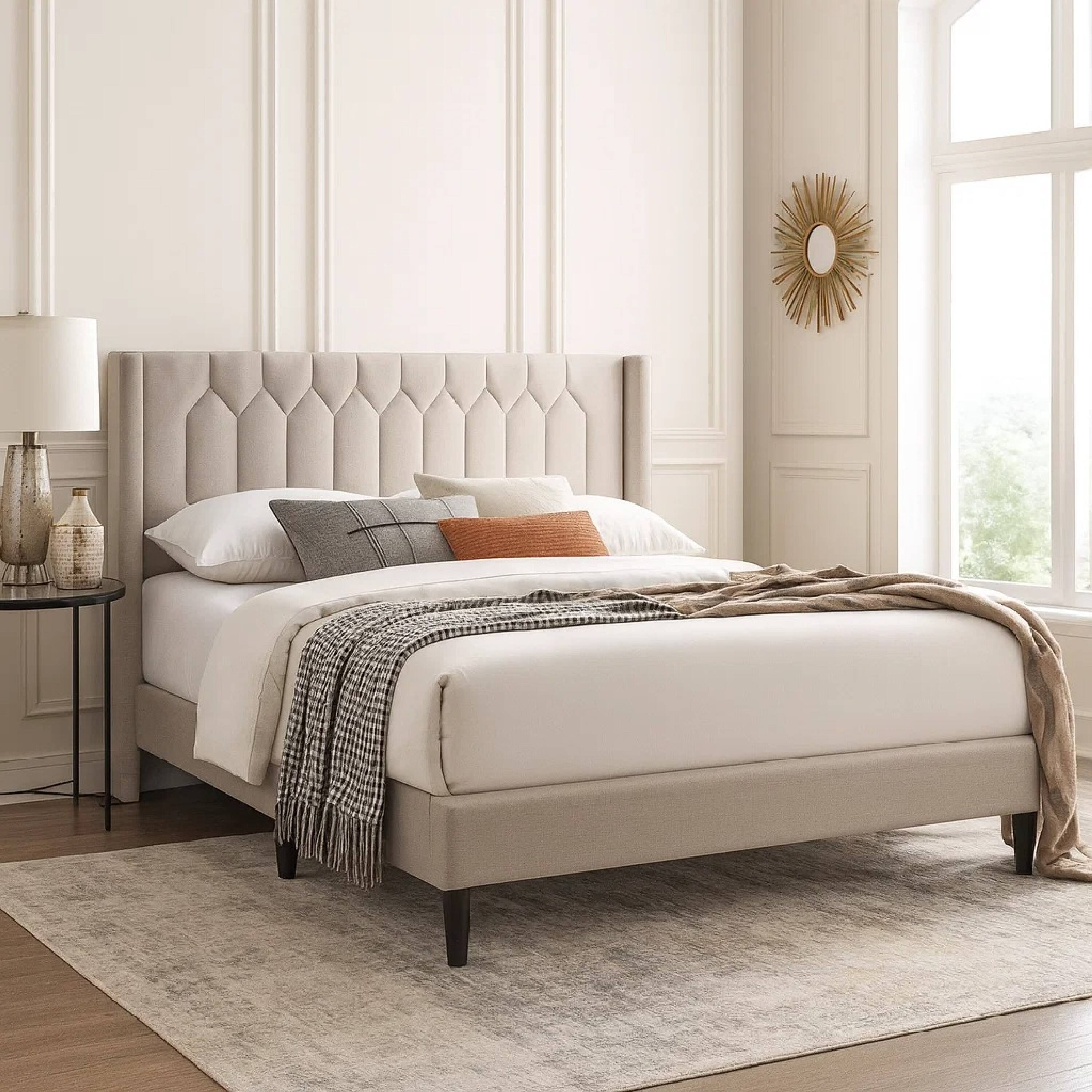 Alt View 3. Manhattan Lane - Liana Full Bed, Tufted Light Brown Burlap Upholstery, Foam Padding - Light Brown, Black.