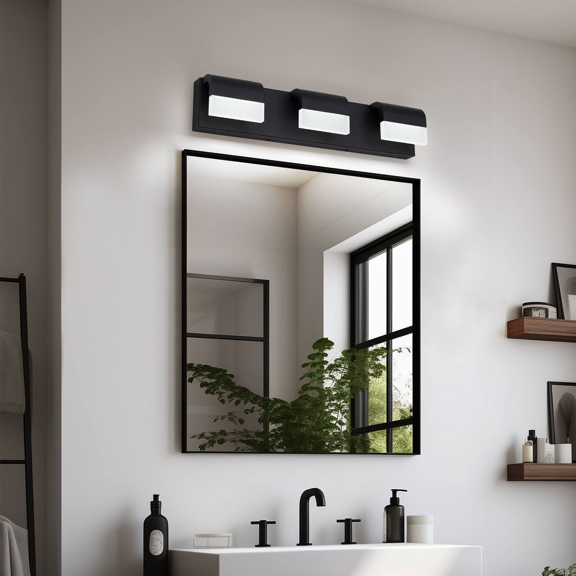 Back. HOMLUX - 21.65 in. 3 Lights Black LED Vanity Light Bar Vanity Accent Lighting Fixtures and Metal Wall Sconces with Acrylic Shade.