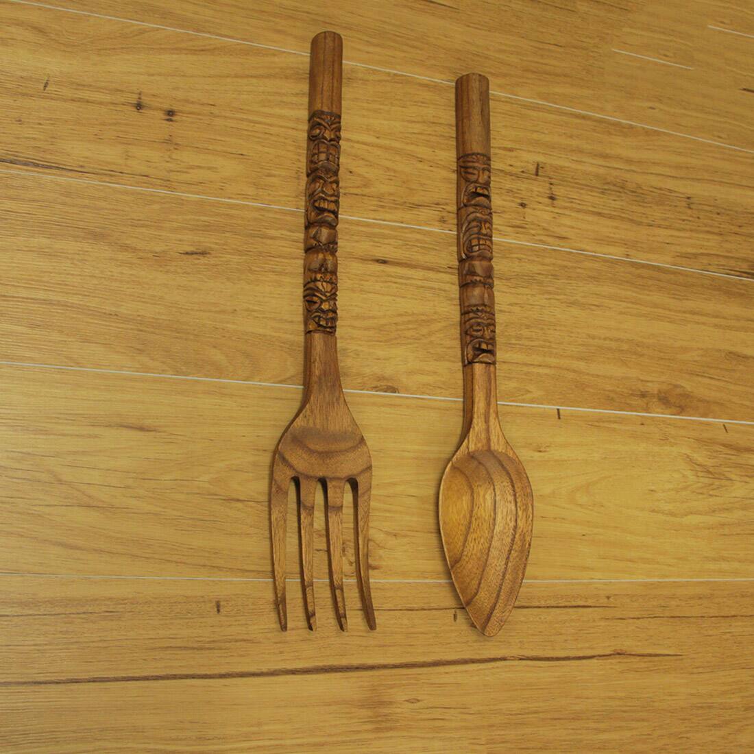 Alt View 4. Zeckos - 24 Inch Carved Tiki Spoon & Fork Wooden Wall Decor Art Utensil Decoration Set - Brown.