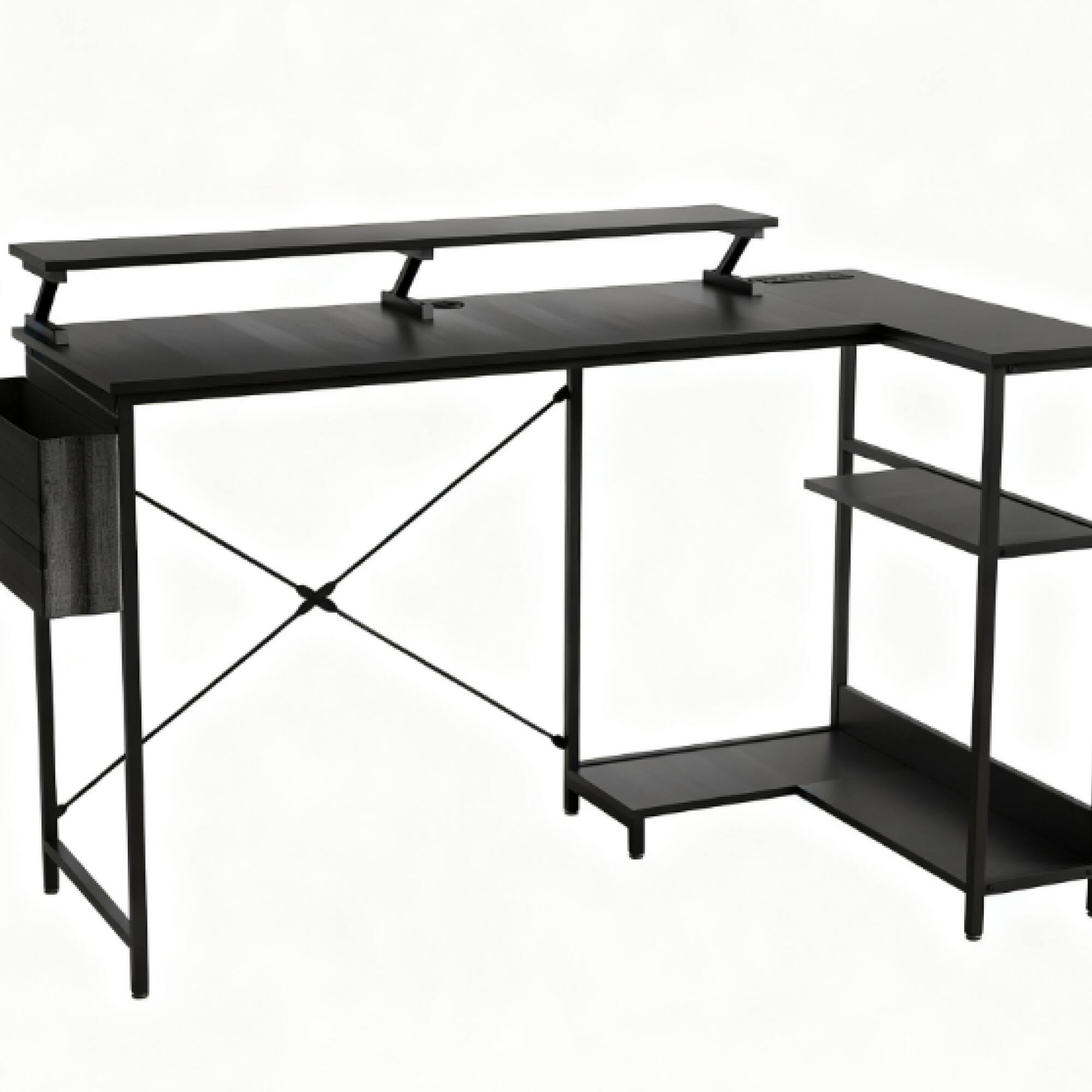 Angle. GOODSILO - Reversible L-Shaped Corner Computer Desk with Integrated Monitor Stand, Power Station, and RGB LED Lighting - Black.