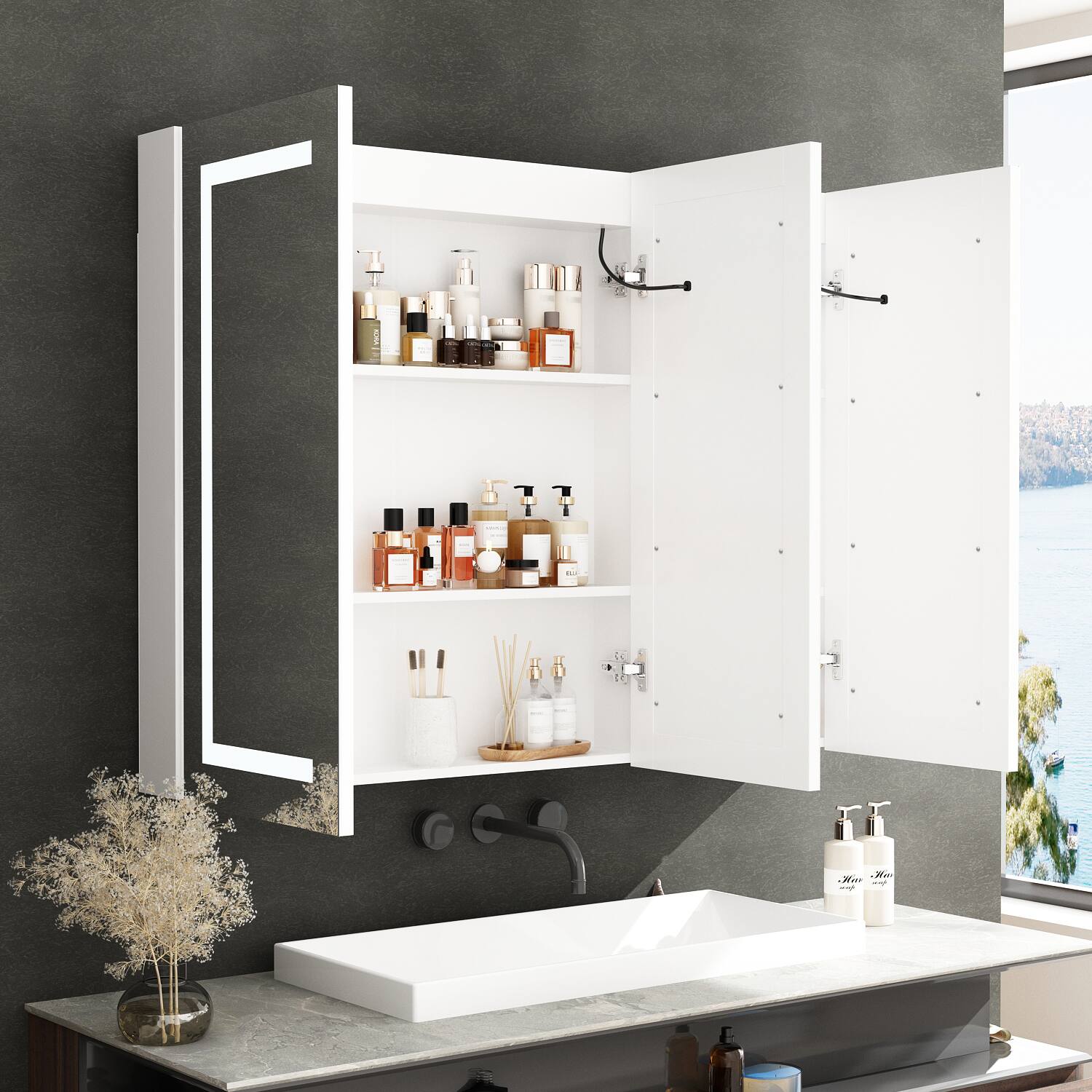 Angle. Famapy - Luxury LED Bathroom Mirror Cabinet with Anti-Fog, Adjustable Color Temperature Lighting, Wall-Mounted Vanity - White.