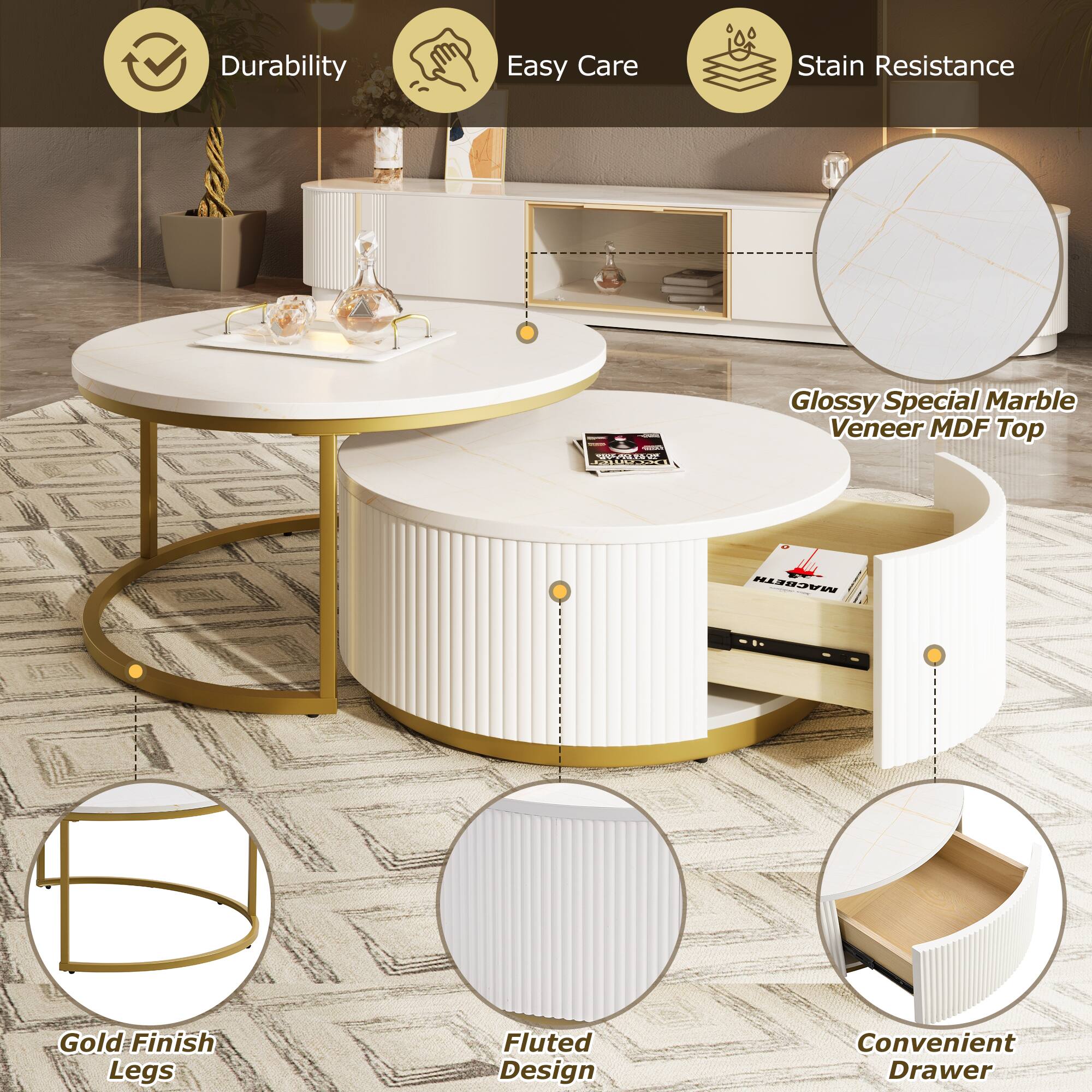 - Durability
- Easy Care
- Stain Resistance
- Glossy Special Marble Veneer MDF Top
- Gold Finish Legs
- Fluted Design
- Convenient Drawer