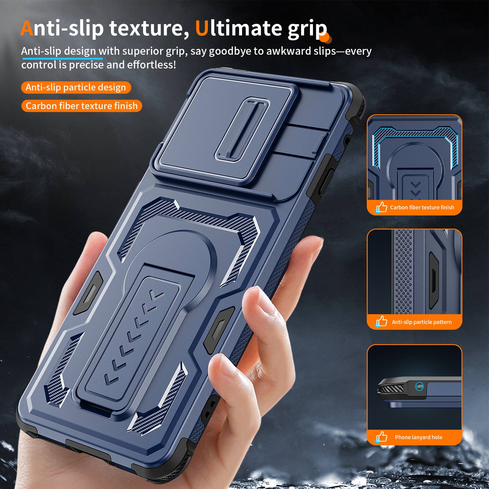 Anti-slip texture, Ultimate grip

Anti-slip design with superior grip, say goodbye to awkward slips—every control is precise and effortless!

Anti-slip particle design
Carbon fiber texture finish

Carbon fiber texture finish
Anti-slip particle pattern
Phone lanyard hole