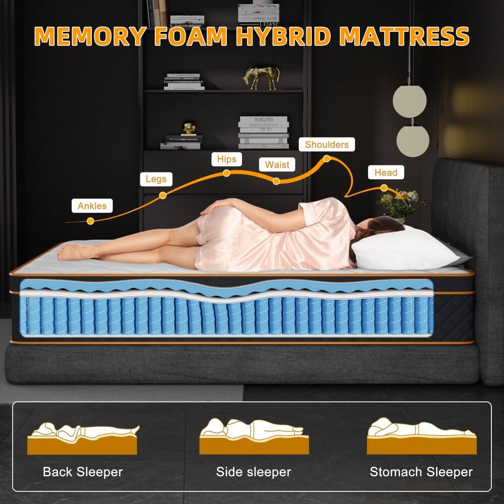 MEMORY FOAM HYBRID MATTRESS

- Legs
- Hips
- Waist
- Shoulders
- Head
- Ankles

Back Sleeper
Side Sleeper
Stomach Sleeper