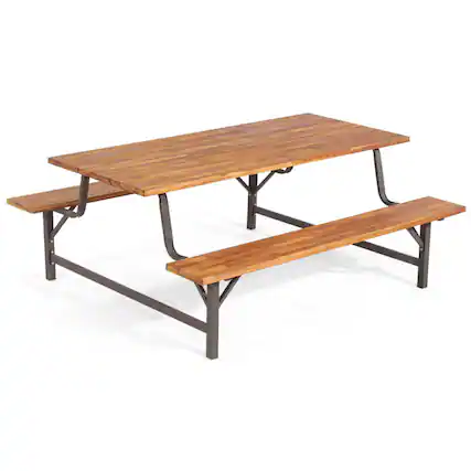 Front. Boyel Living - 6-Person Outdoor Picnic Table and Bench Set with 2 Inch Umbrella Hole - Natural.