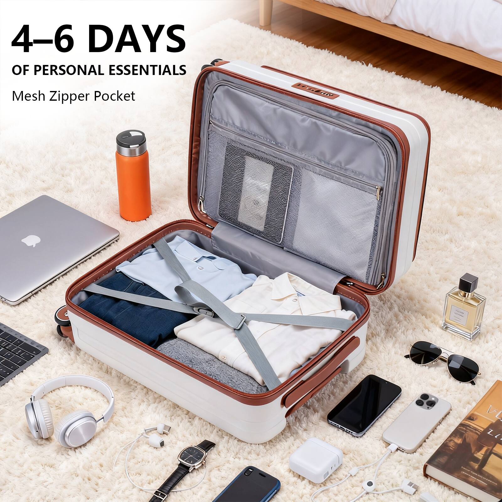 4–6 DAYS OF PERSONAL ESSENTIALS  
Mesh Zipper Pocket