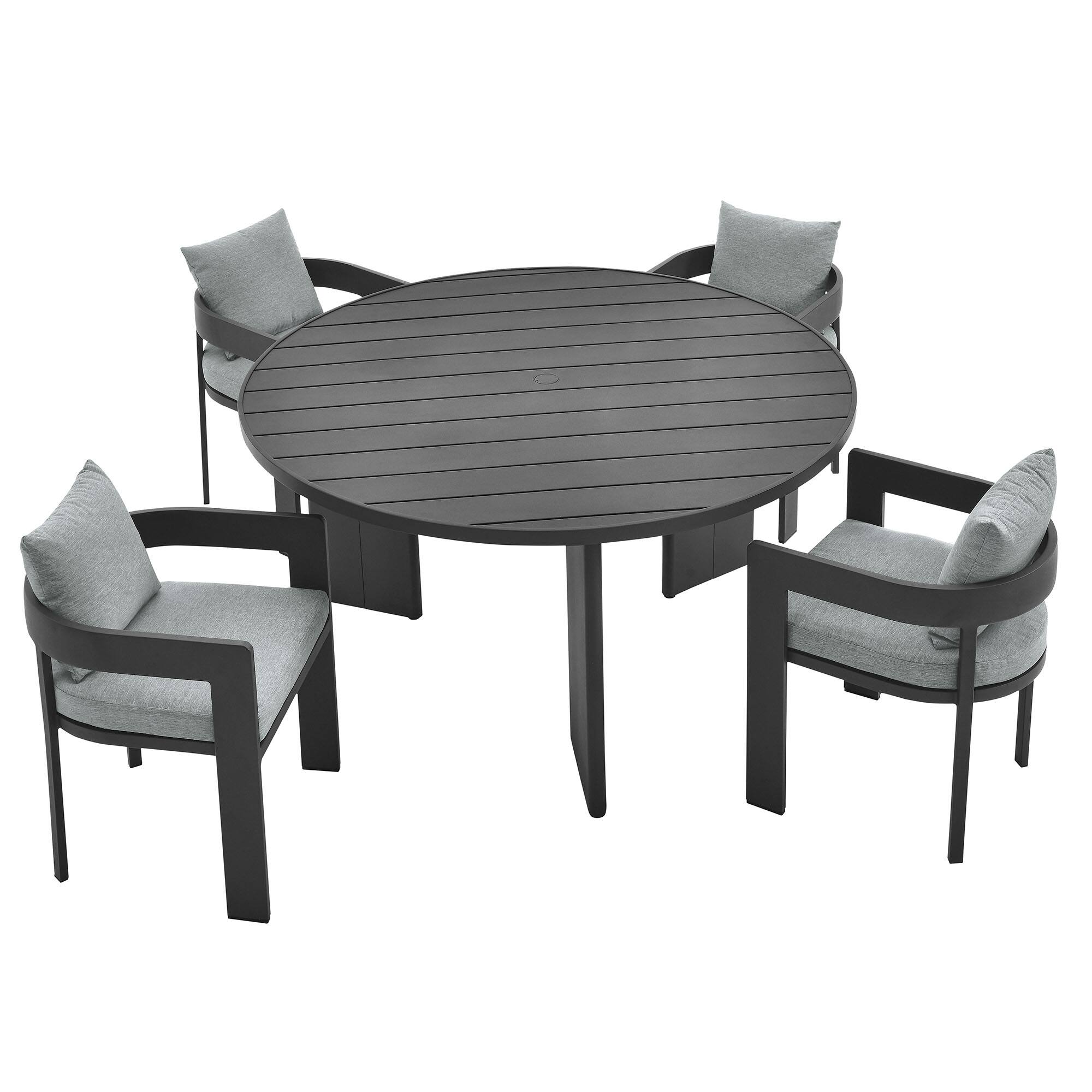 Modway - Tahoe 5-Piece Outdoor Aluminum Dining Set for 4, 59 in Round Table and Cushioned Chairs - Gray Gray