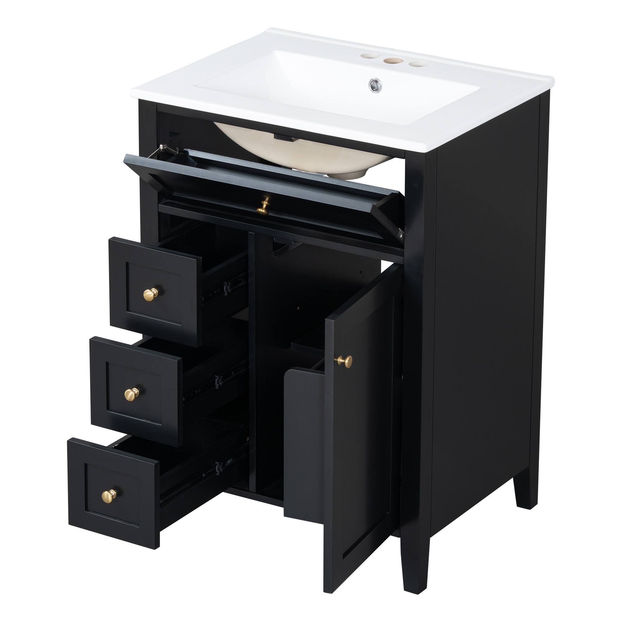 Alt View 1. Whisen - 24" Bathroom Vanity with Sink, 4 Drawers & Cabinet with Adjustable Shelves for Small to Medium Bathrooms - Black.
