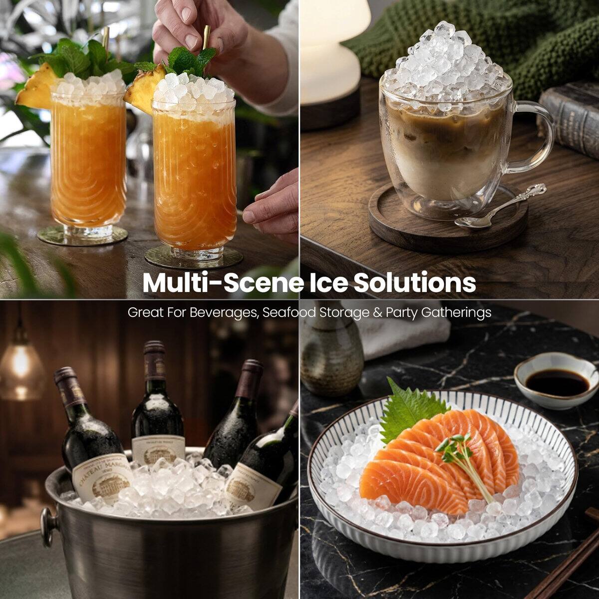 Multi-Scene Ice Solutions  
Great For Beverages, Seafood Storage & Party Gatherings