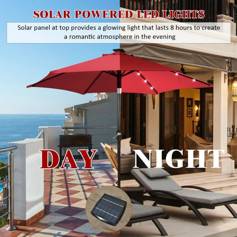 SOLAR POWERED LED LIGHTS  
Solar panel at top provides a glowing light that lasts 8 hours to create a romantic atmosphere in the evening  

DAY NIGHT