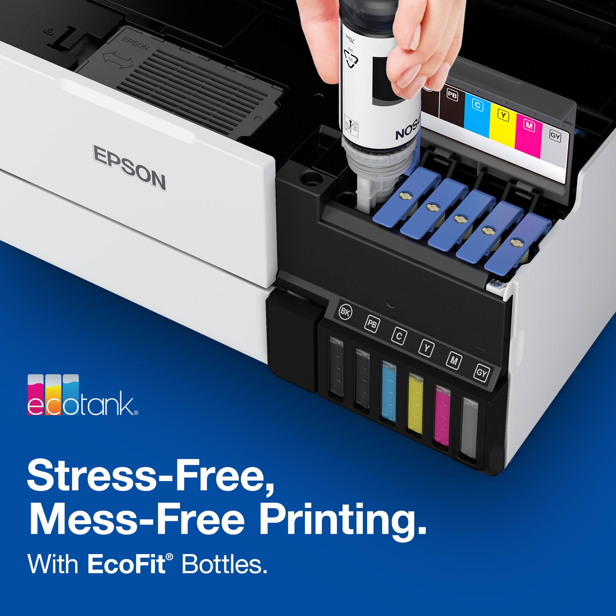 "Stress-free, mess-free printing with EcoFit Bottles."