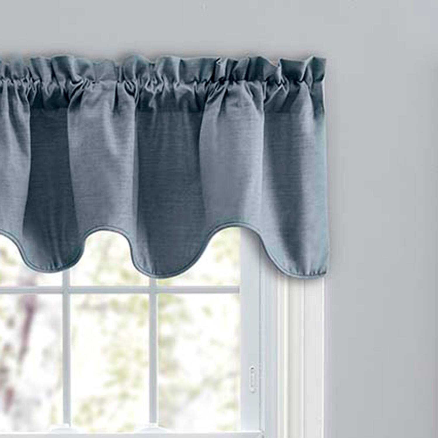 Left. Ellis Curtain - Ellis Curtain Lisa Solid Lined Scallop Valance 58" x 15" Dusty Blue - Dusty blue.