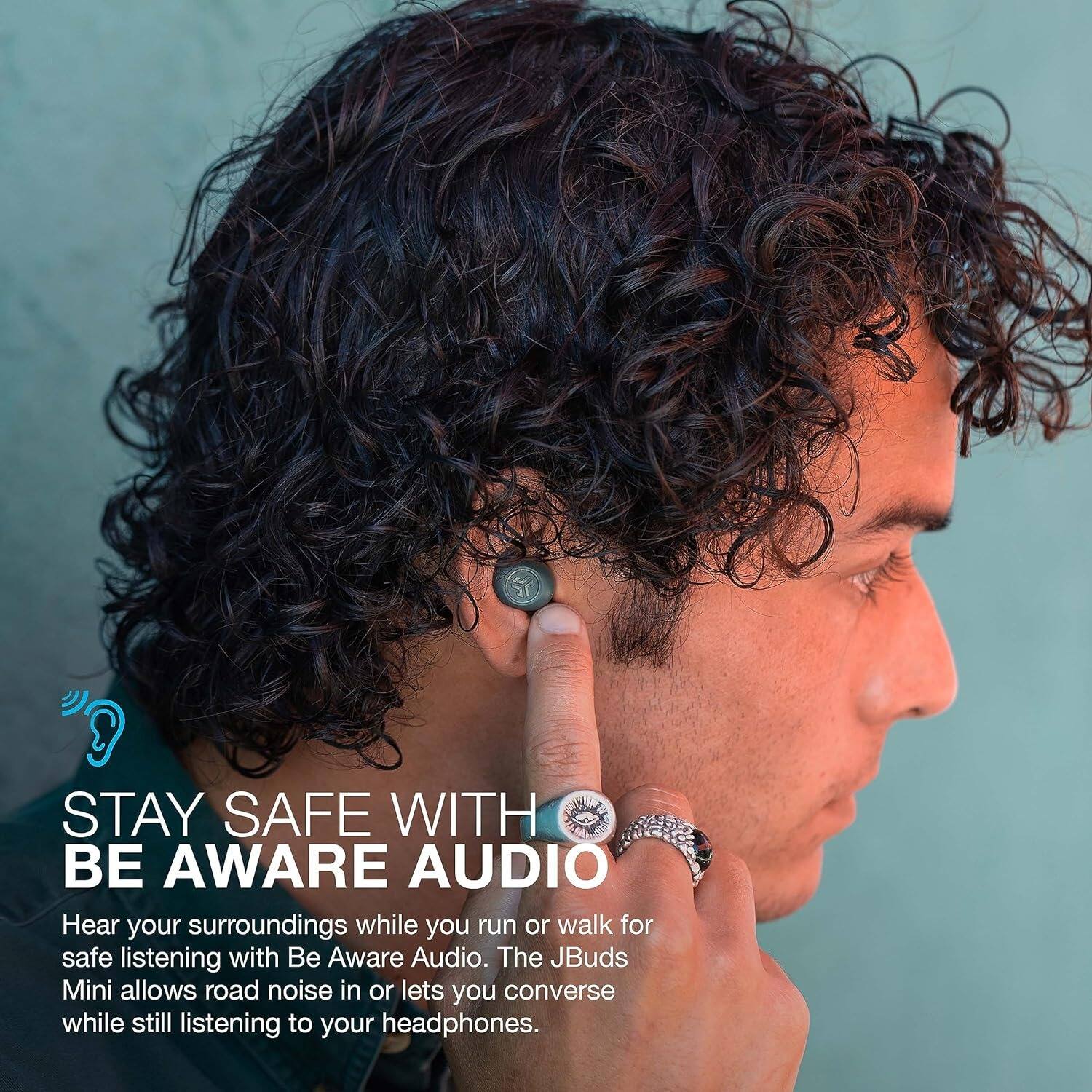STAY SAFE WITH BE AWARE AUDIO

Hear your surroundings while you run or walk for safe listening with Be Aware Audio. The JBuds Mini allows road noise in or lets you converse while still listening to your headphones.