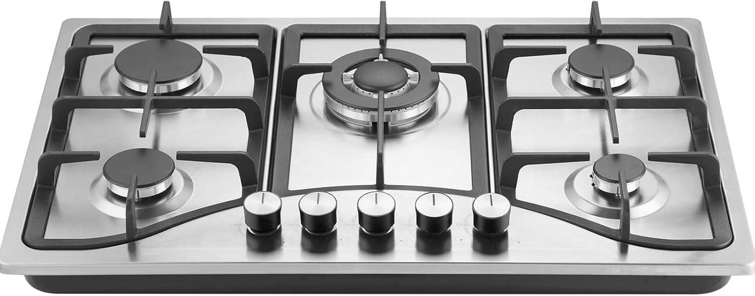 Front. MOOSOO - 30 inch 5 Burners Cooktop Max 12250BTU  LPG/NG Convertible Dual Fuel Natural Gas Hob - Silver.