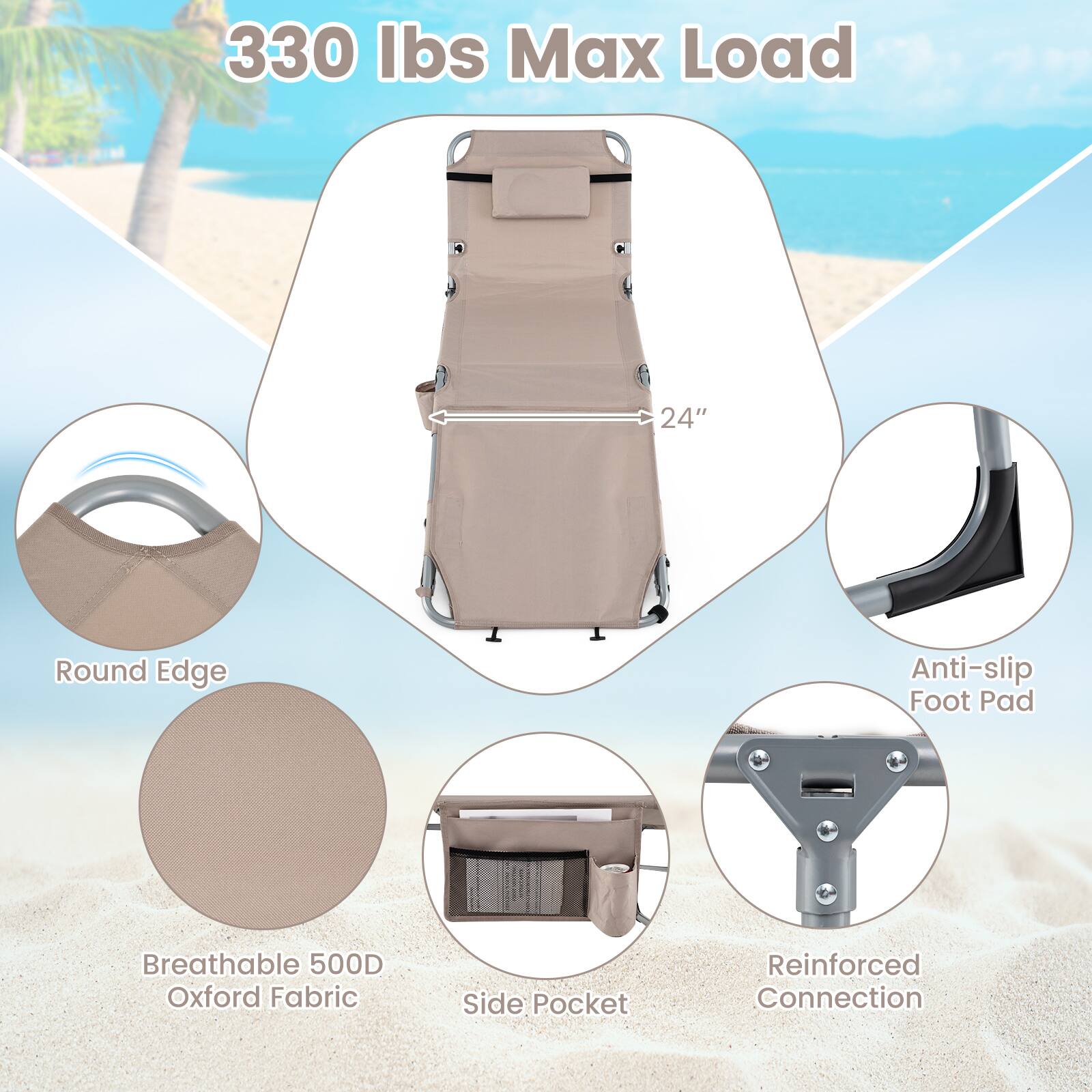 330 lbs Max Load  
24" Round Edge  
Anti-slip Foot Pad  
Breathable 500D Oxford Fabric  
Side Pocket  
Reinforced Connection