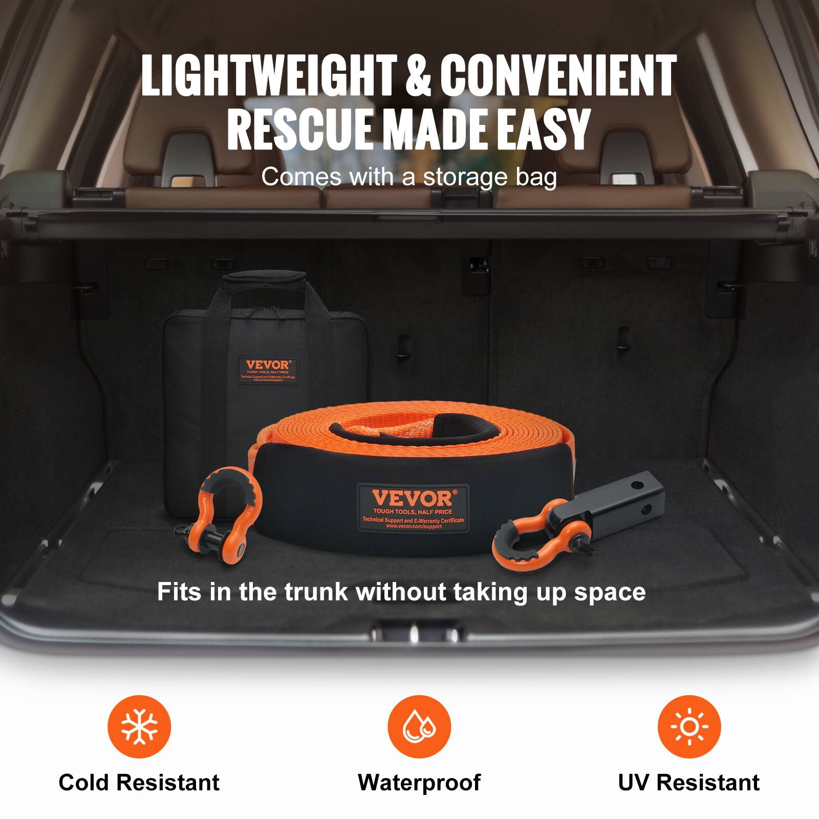 LIGHTWEIGHT & CONVENIENT RESCUE MADE EASY  
Comes with a storage bag  

Fits in the trunk without taking up space  

Cold Resistant  
Waterproof  
UV Resistant