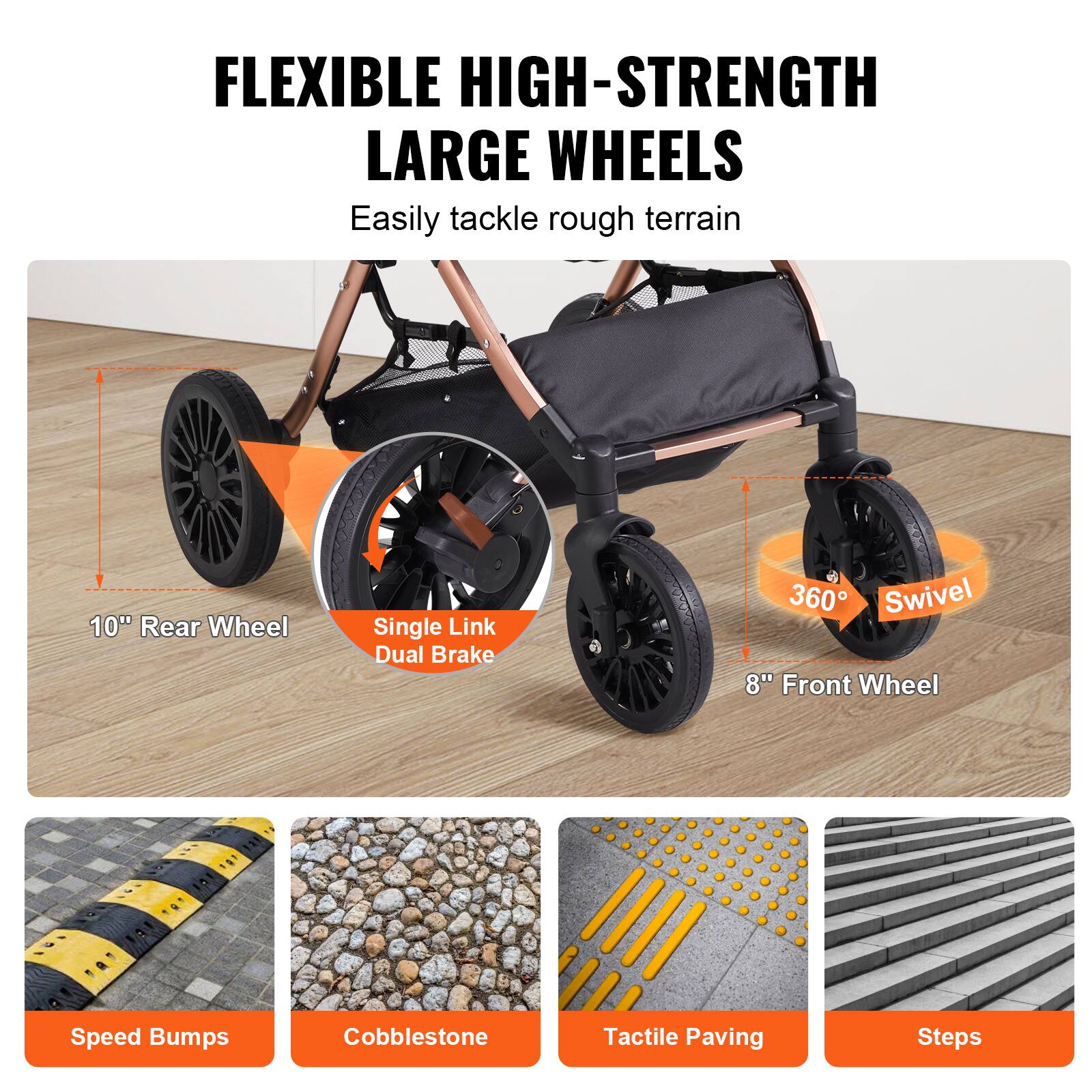 FLEXIBLE HIGH-STRENGTH LARGE WHEELS  
Easily tackle rough terrain  

10" Rear Wheel  
Single Link Dual Brake  
360° Swivel  
8" Front Wheel  

Speed Bumps  
Cobblestone  
Tactile Paving  
Steps