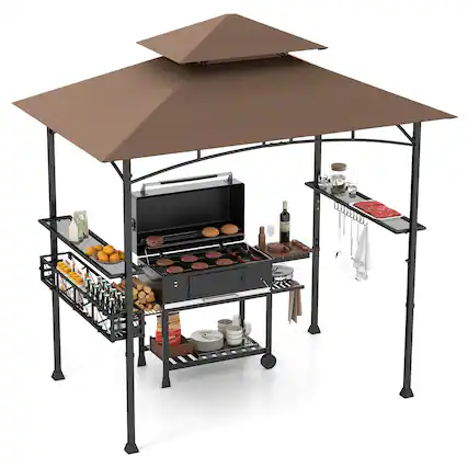 Front. Gymax - Gymax 8 x 5 FT BBQ Grill Gazebo w/ 2 Side Shelves Storage Basket Hanging Hooks Outdoor Brown & Black - Brown, Black.