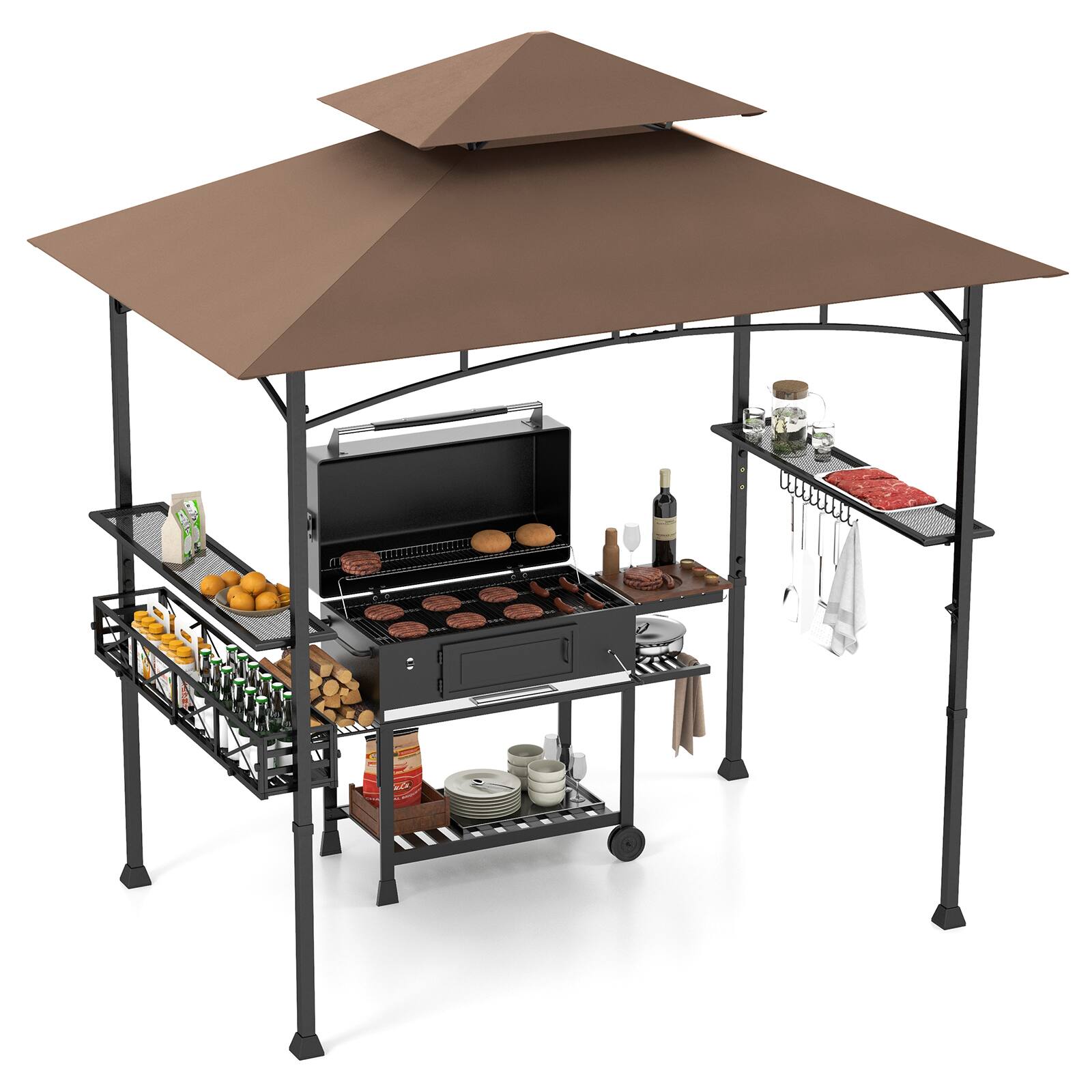 Front. Gymax - Gymax 8 x 5 FT BBQ Grill Gazebo w/ 2 Side Shelves Storage Basket Hanging Hooks Outdoor Brown & Black - Brown, Black.