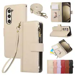 Dteck - Crossbody Wallet Case for Samsung Galaxy Z Fold7 with Zipper Pocket, Premium Shockproof PU Leather TPU Protective Cover - Beige