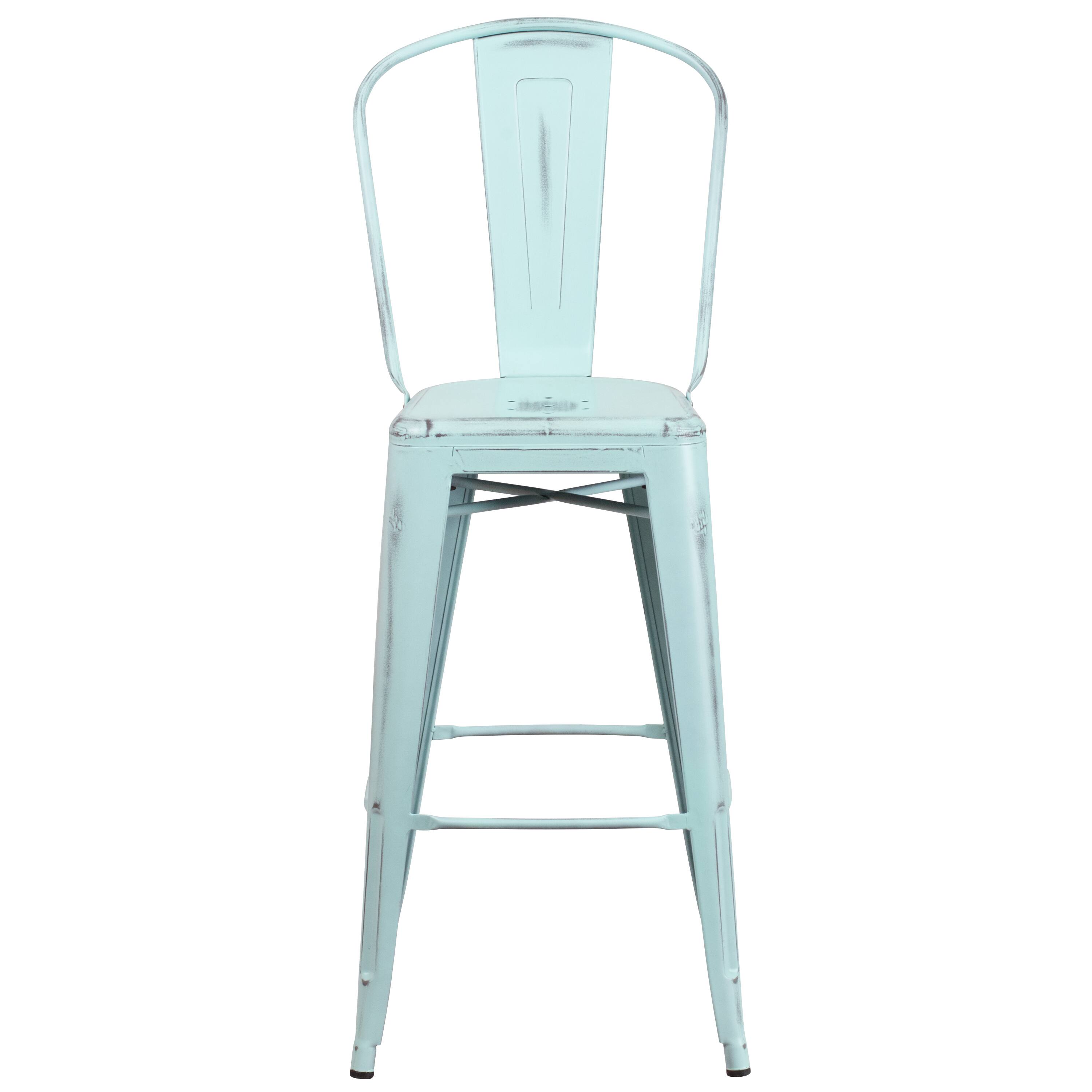 Alt View 7. Emma + Oliver - Commercial Grade 30"H Distressed Colorful Metal Indoor-Outdoor Barstool w/ Back - Green-Blue.