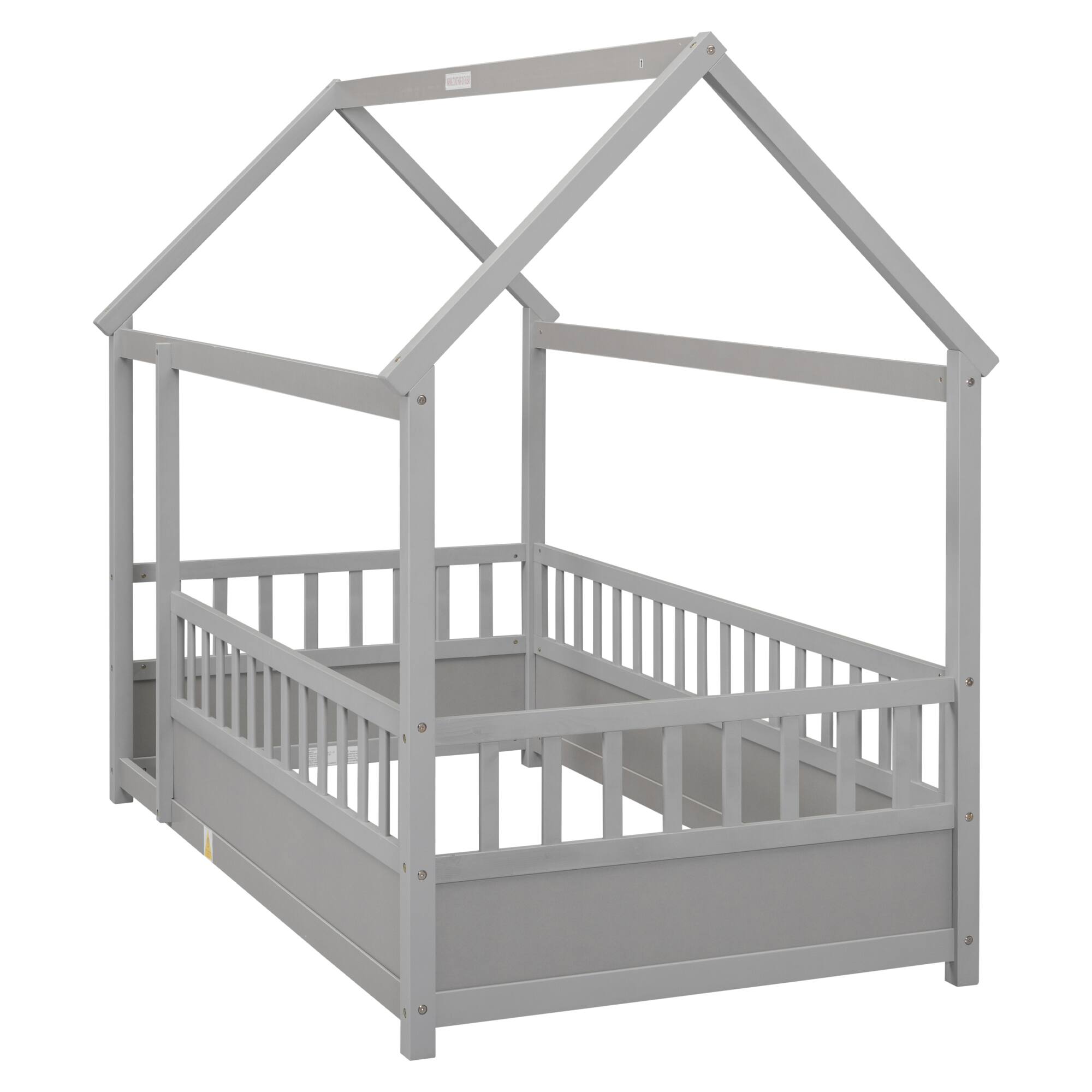 Alt View 5. GOODSILO - Twin Size Floor Bed with Playhouse Roof Design and Safety Guardrails for Children's Bedroom - Grey.