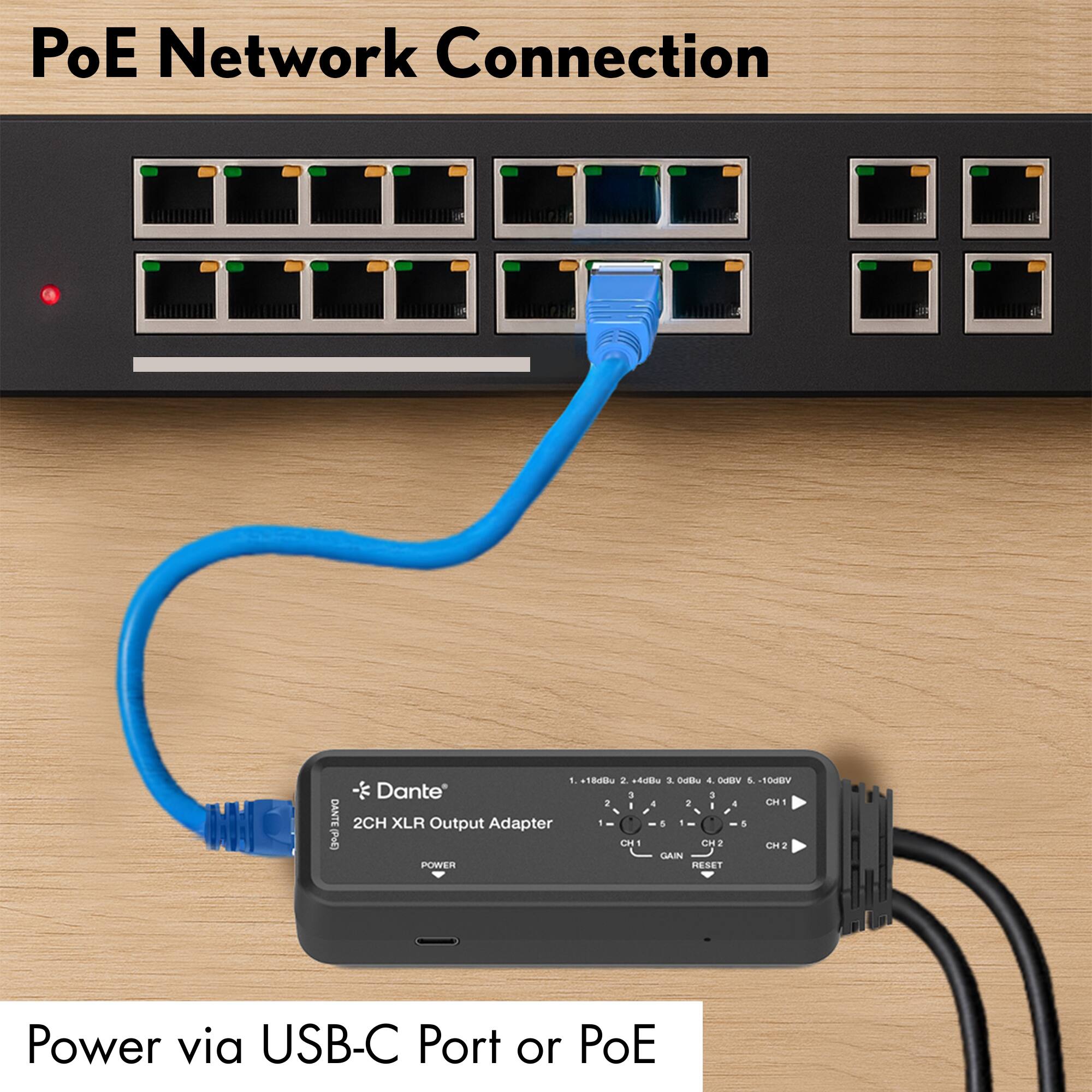 PoE Network Connection

2CH XLR Output Adapter

Power via USB-C Port or PoE