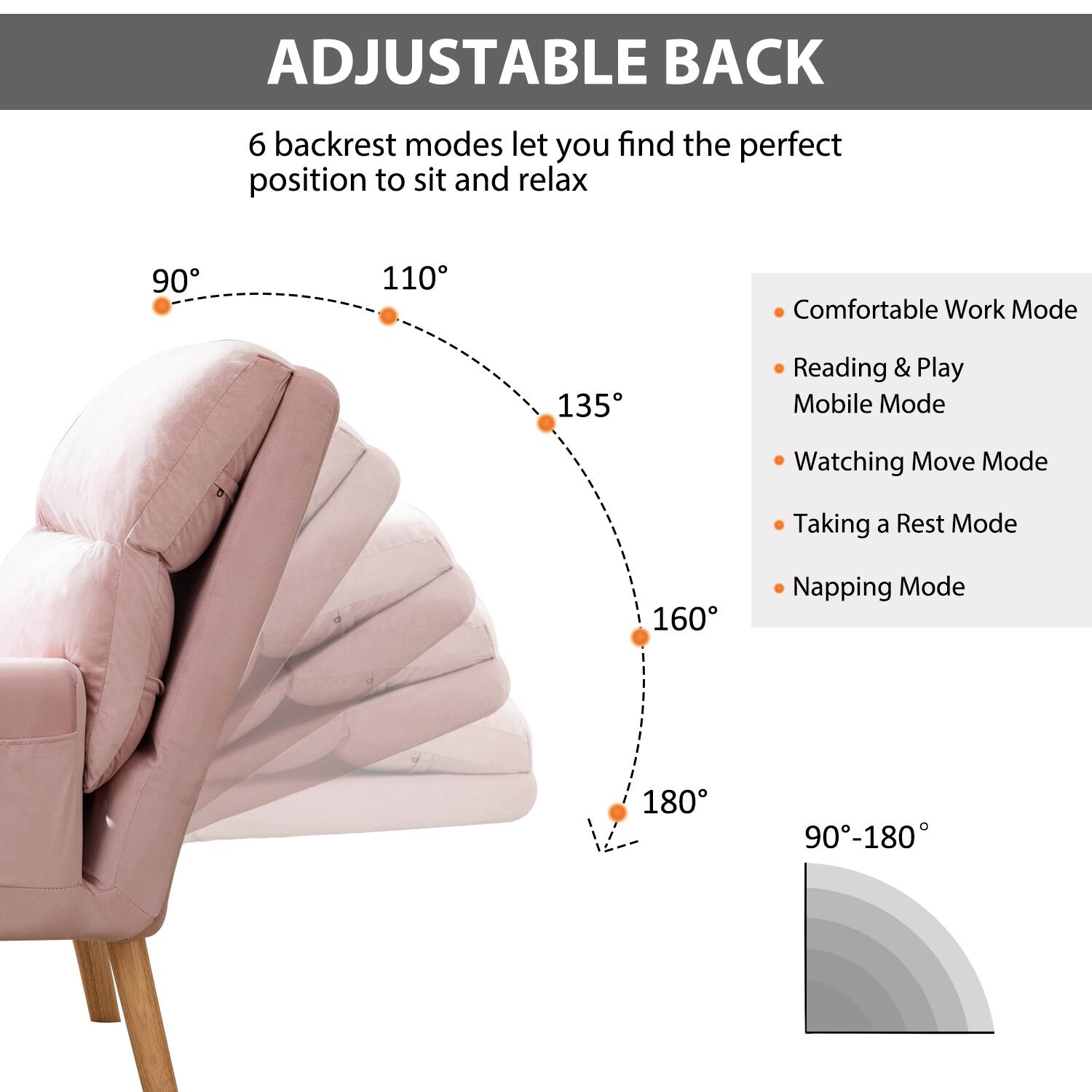 ADJUSTABLE BACK

6 backrest modes let you find the perfect position to sit and relax

- Comfortable Work Mode
- Reading & Play Mobile Mode
- Watching Move Mode
- Taking a Rest Mode
- Napping Mode

90° - 110° - 135° - 160° - 180°

90°-180°