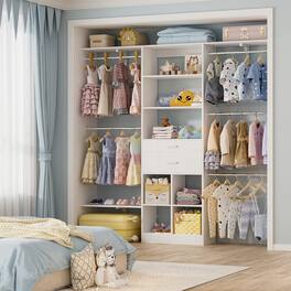 Aheaplus - 5FT Wall Mounted Closet Organizer System with 2 Drawers, 3 Shelf Towers, and 5 Hanging Rods, Adjustable - White