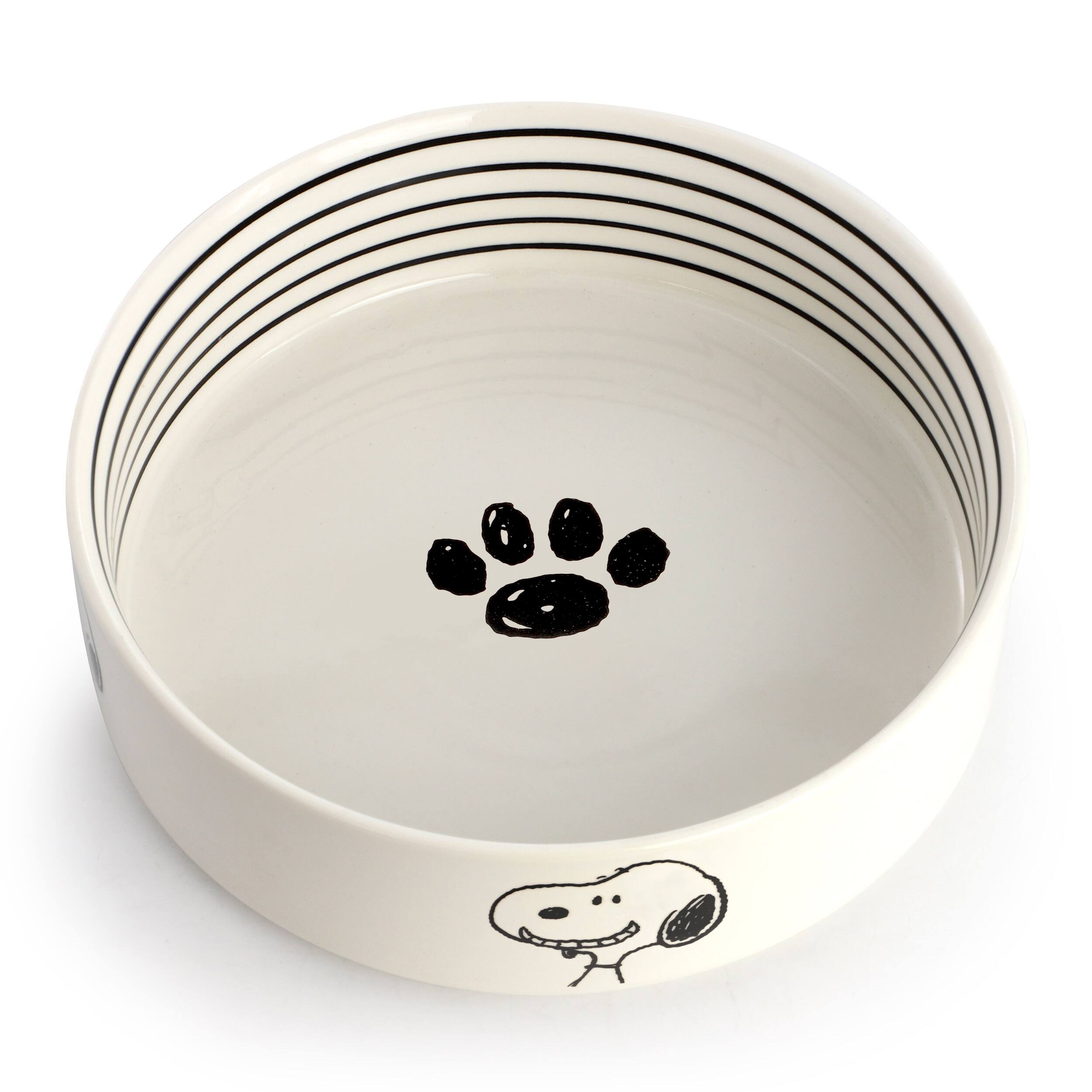 Angle. Peanuts - Peanuts Snoopy Suppertime Favorites 6.5in Stoneware Pet Food Bowl - White and Black.