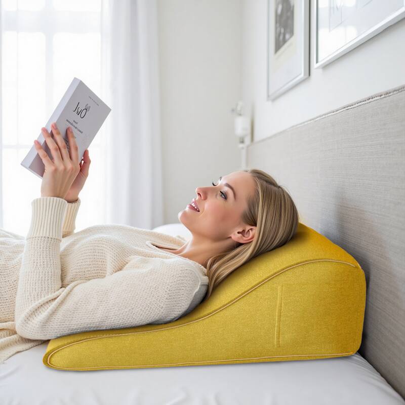 Front. wowmax - Convertible Reading Pillow - Linen Yellow - Backrest Cushion w/Side Pocket (20x9x22in) - Yellow.