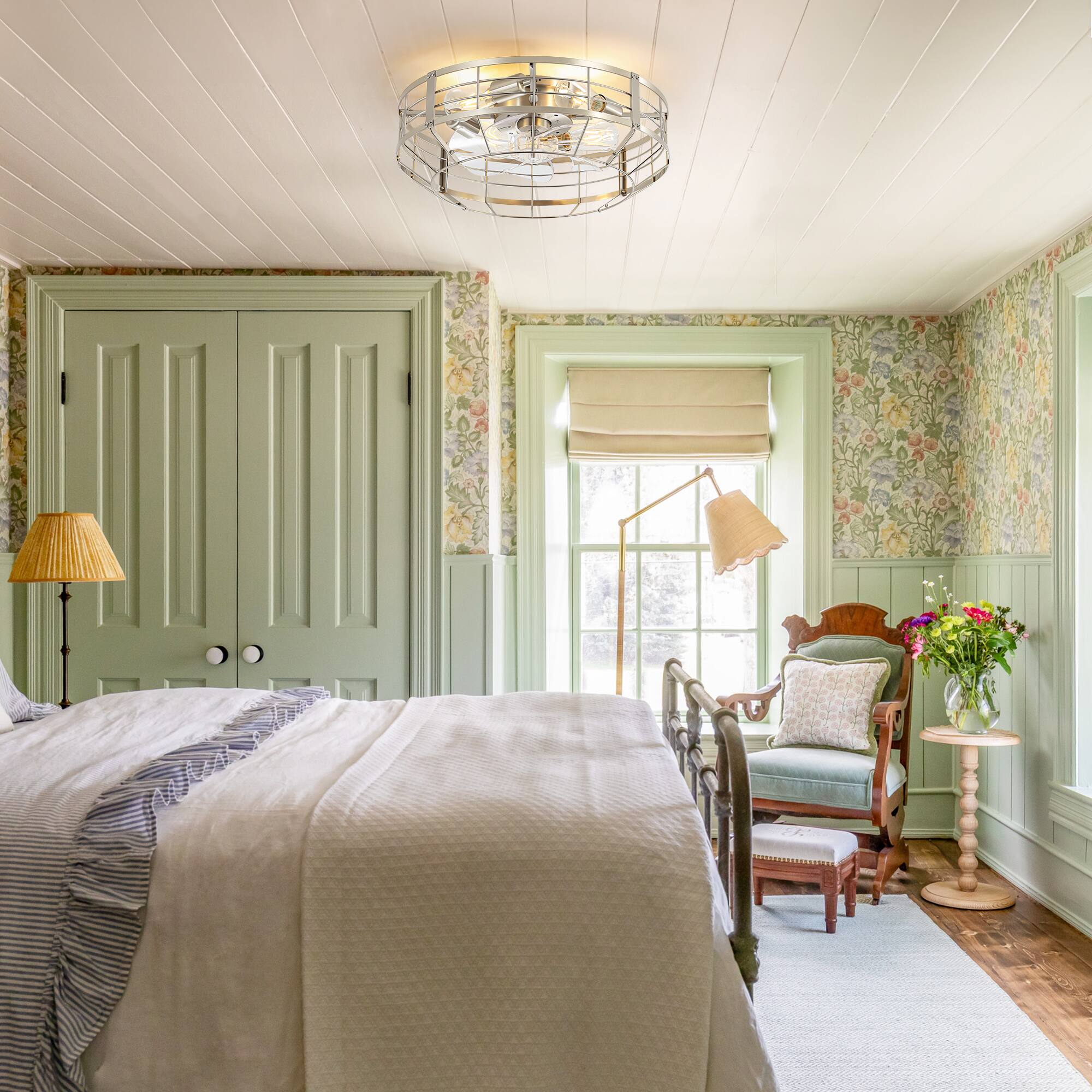 Left. Breezary - 20-Inch KD Traditional Light Source Flush Mount Cage Fan, 7 Transparent Blades, E26 Light Bulbs, 6-Speed Remote - Sand Nickel and Clear.