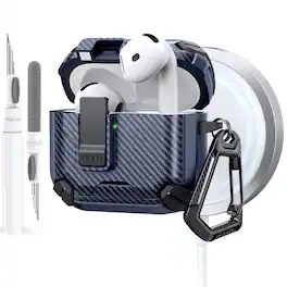 Dteck - Case for Apple AirPods 4th Gen with Magnetic Lock,Compatible with Mag Safe,Carbon Fiber Texture Cover with Carabiner - Darkblue