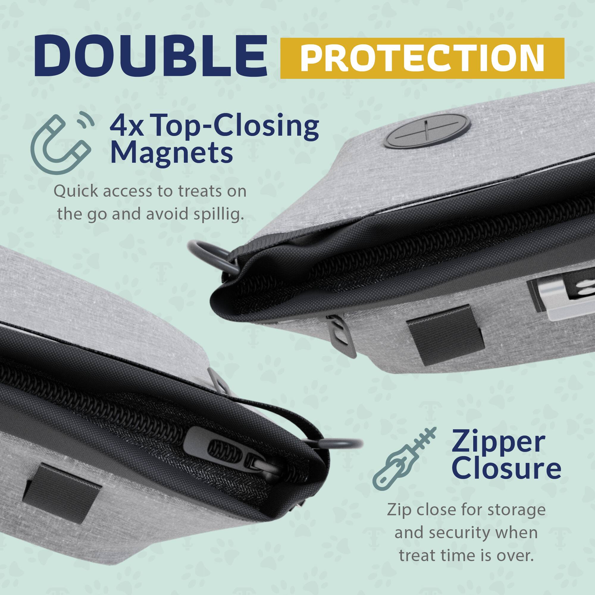 DOUBLE PROTECTION

4x Top-Closing Magnets  
Quick access to treats on the go and avoid spillig.

Zipper Closure  
Zip close for storage and security when treat time is over.