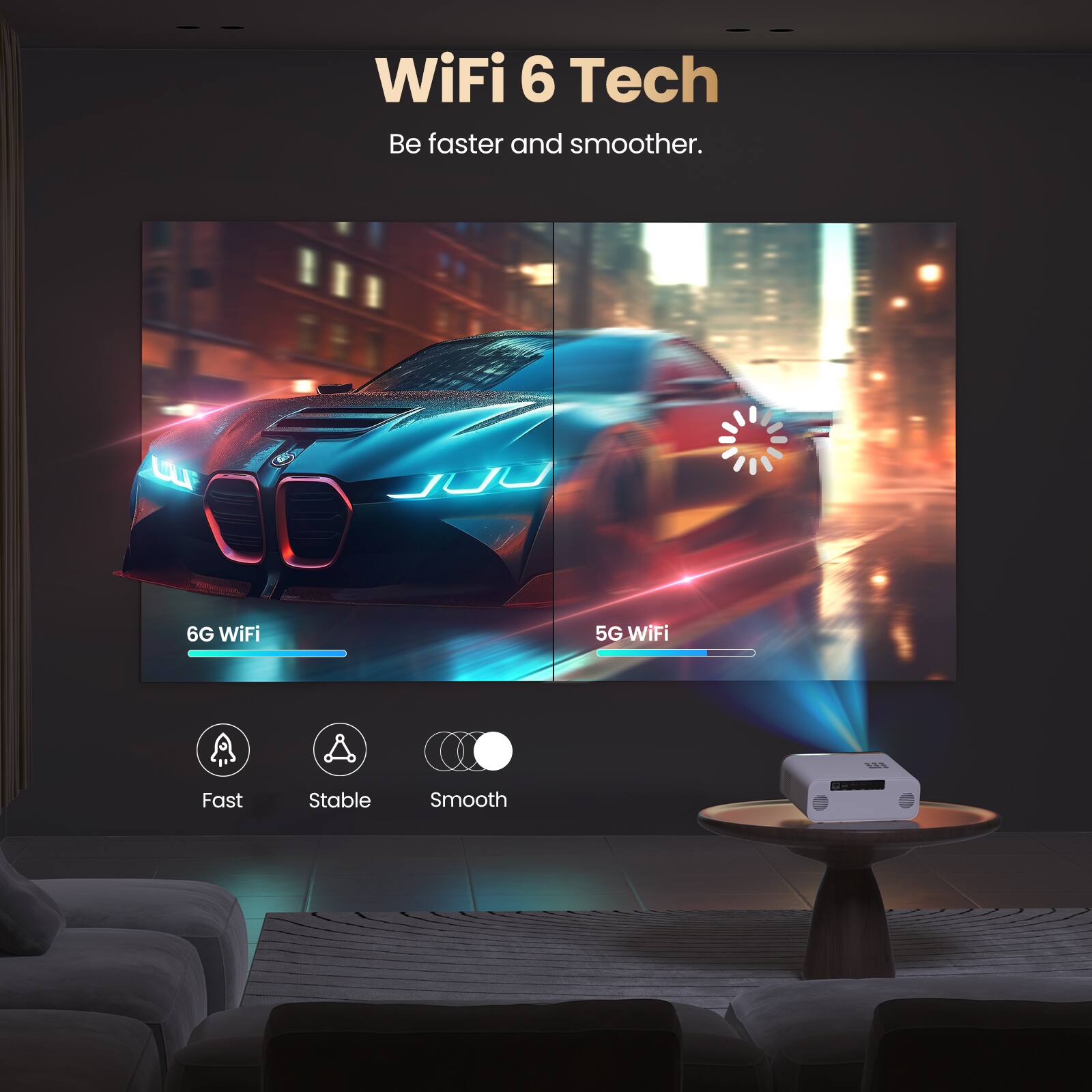 WiFi 6 Tech  
Be faster and smoother.  
6G WiFi  
5G WiFi  
Fast  
Stable  
Smooth