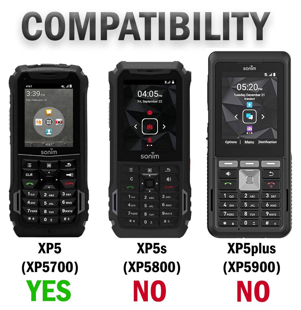 COMPATIBILITY

sonim
AT&T 3:39 PM Sat February 14
04:05PM Fri, September 22
05:20PM Tuesday December 21 Standard
AT&TO

Options
Menu | Notification
sonim
sonim
CLR
C

1 2 3 ABC DEF
4 5 6 GHI JKL MNO
7 8 9 PORS TUV WXYZ
* 0 + 1 2 3 ABC DEF
4 5 6 GHI JKL MNO
7 8 9 PORS TUV WXYZ #
1 2 3 ABC DEF
4 5 6 GHI JKL MNO
7 8 9 PORS TUV WXYZ #

XP5 (XP5700) YES
XP5s (XP5800) NO
XP5plus (XP5900) NO