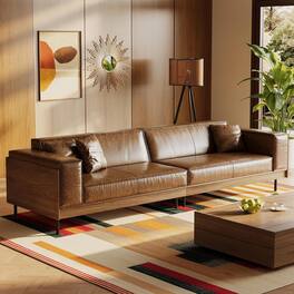 luck idea - 111.81 Inch Mid‑Century Brown Waxed Leather 4‑Seater Sofa, Wood Base with Metal Legs Modern Couch for Living Room - Brown