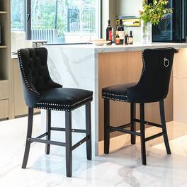 Loheer - Velvet Barstools Set of 2 Button Tufted Bar Chairs - Black
