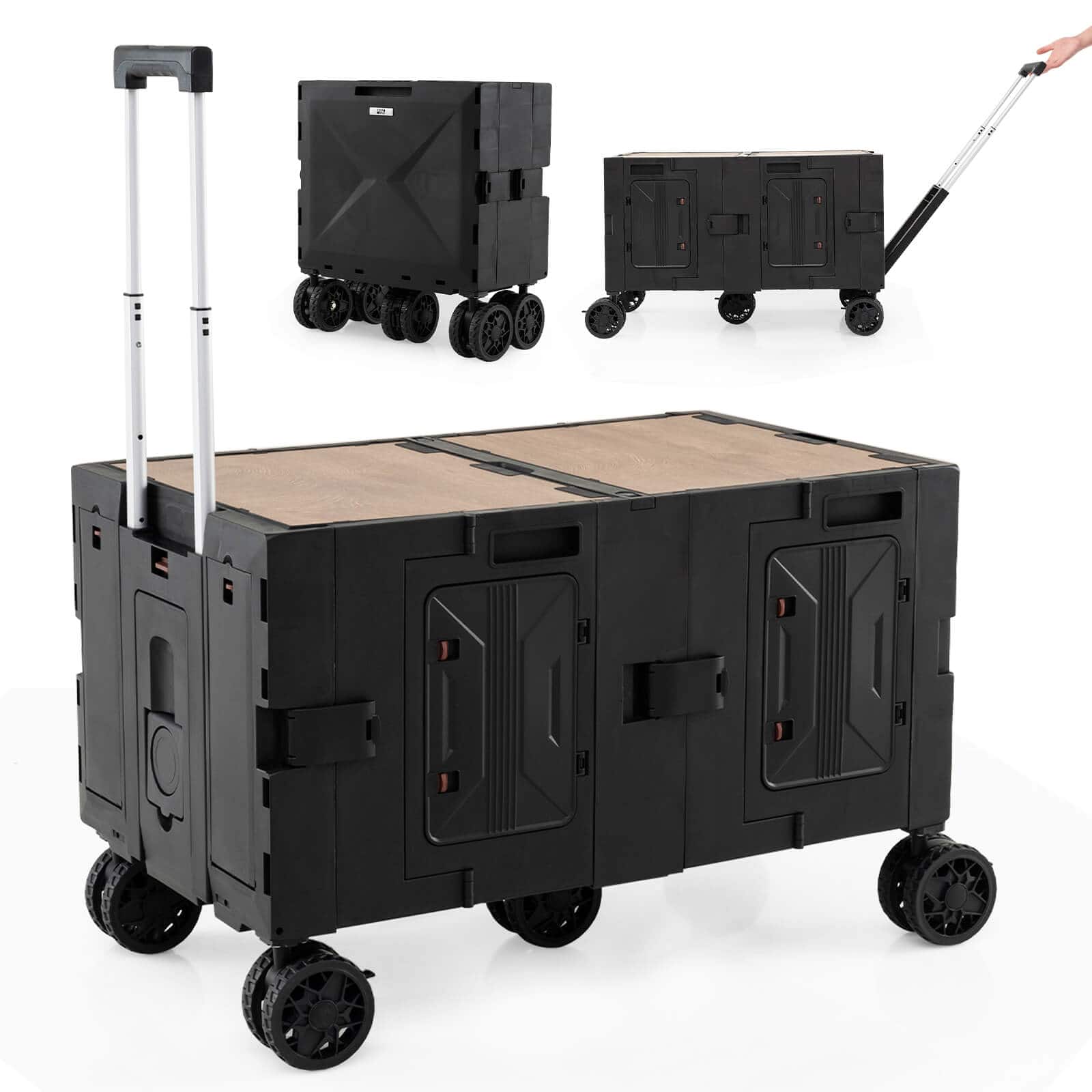 Costway - Large Foldable Utility Cart with 2-Tier Storage Crates 5 Rotate Wheels Metal - Black