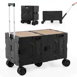 Costway - Large Foldable Utility Cart with 2-Tier Storage Crates 5 Rotate Wheels Metal - Black