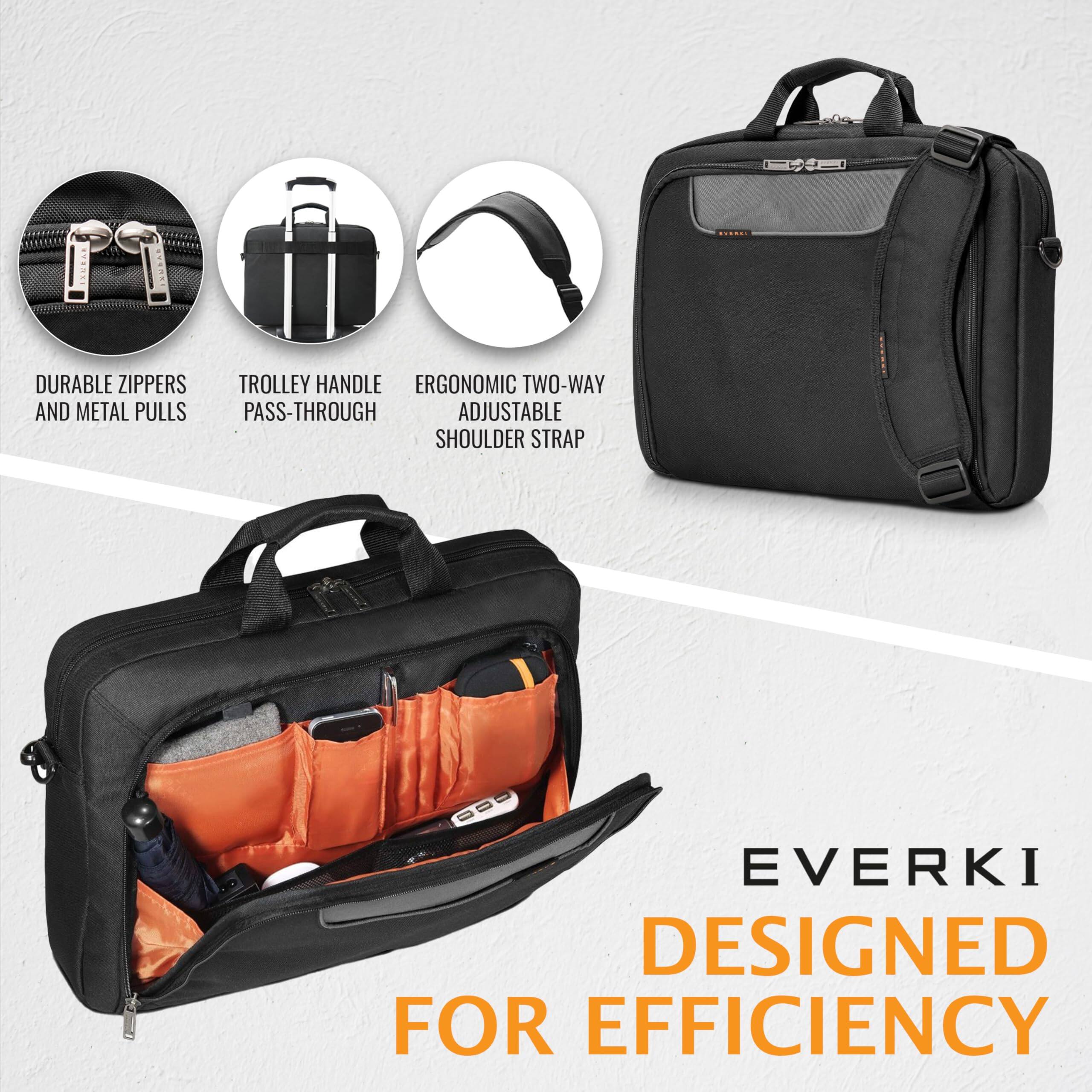 DURABLE ZIPPERS AND METAL PULLS  
TROLLEY HANDLE PASS-THROUGH  
ERGONOMIC TWO-WAY ADJUSTABLE SHOULDER STRAP  

EVERKI  
DESIGNED FOR EFFICIENCY