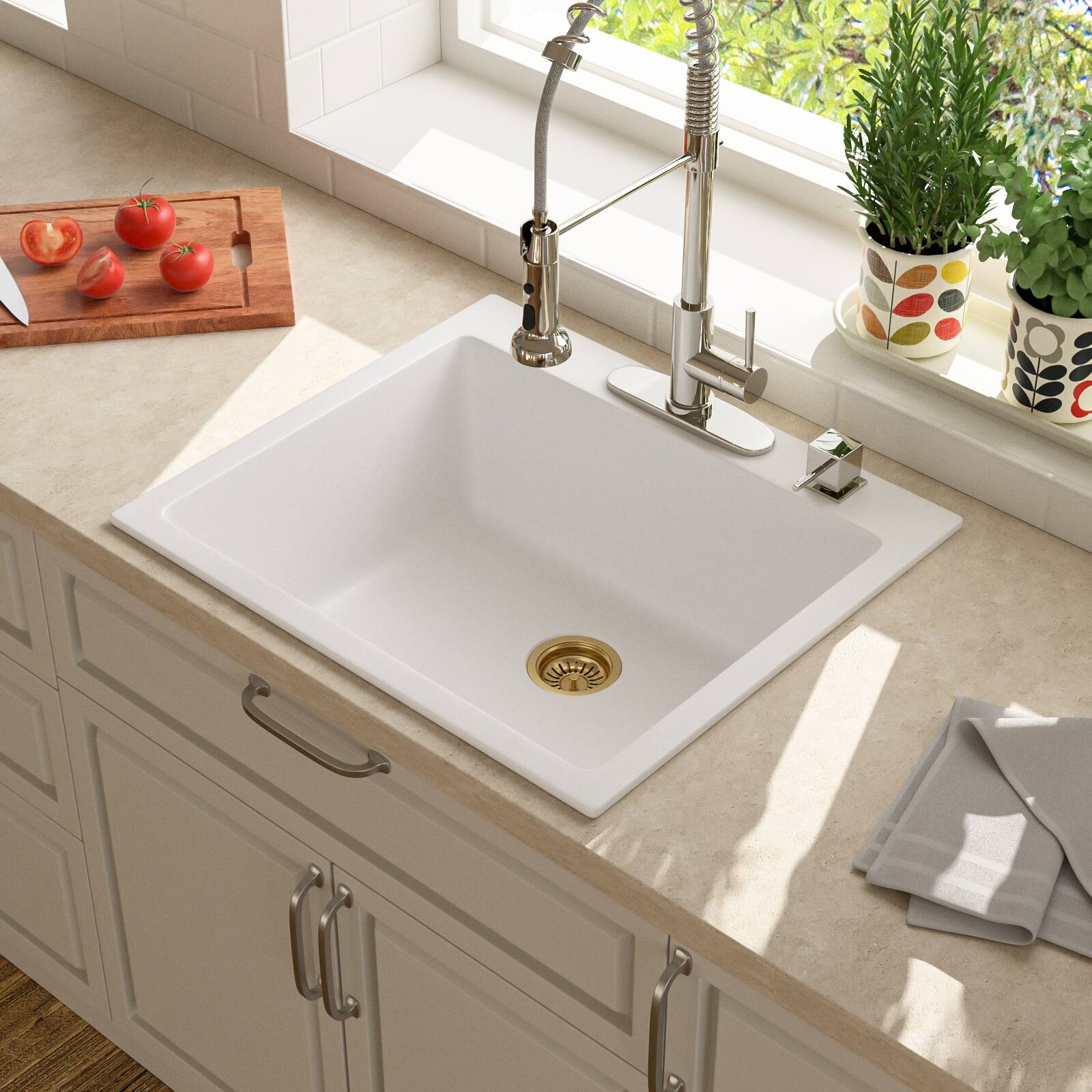 Left. Lordear - 25x22x10 Inch White Granite Composite Drop In kitchen Sink Single Bowl Quartz Kitchen Sink - White.
