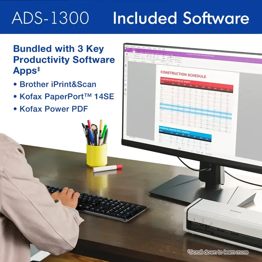 ADS-1300 Included Software:

* Productivity Apps
* Brother iPrint&Scan
* Kofax PaperPort 14SE
* Kofax PDF Power

Bundled with 3 Key + Construction Schedule & Construction Mourns Eye.