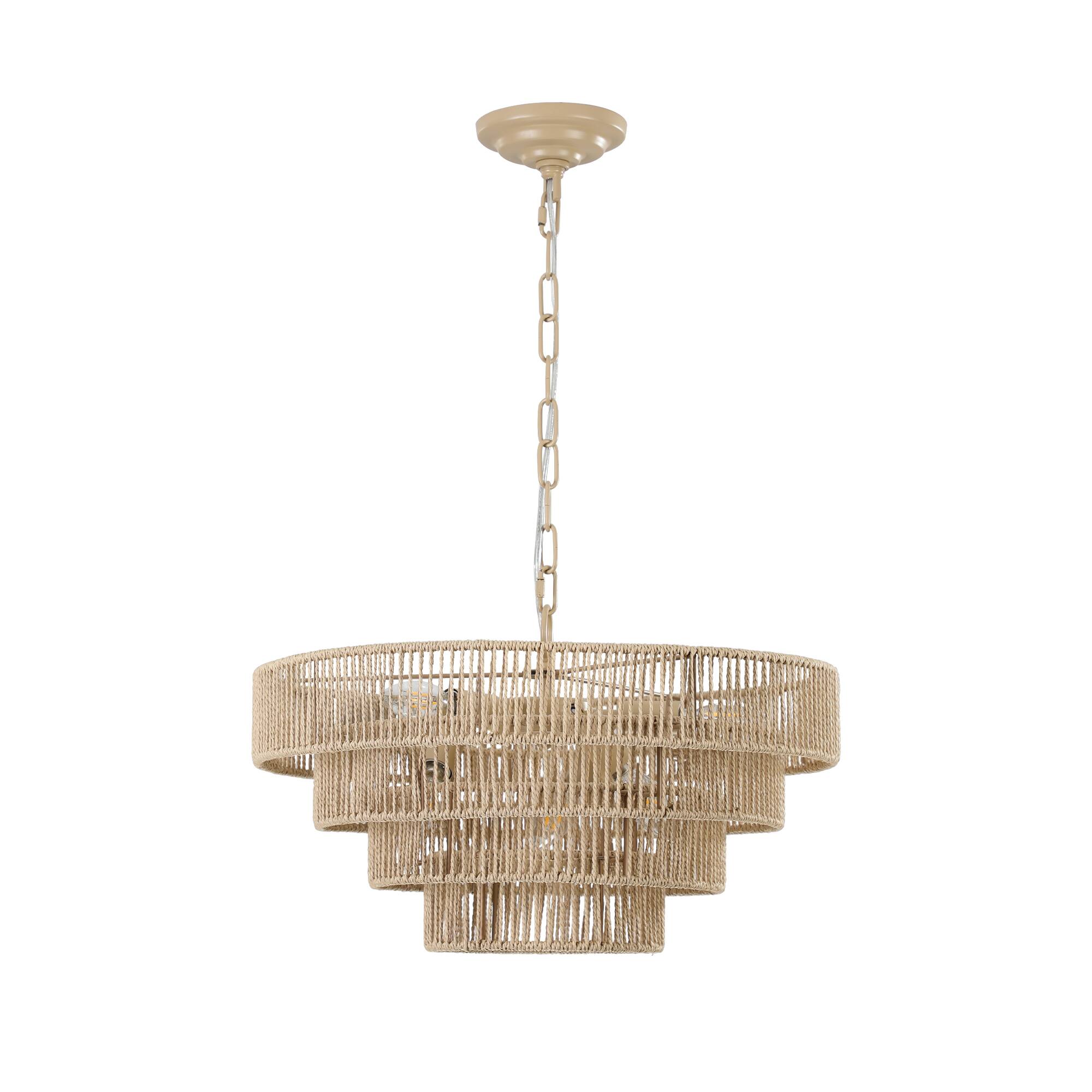 Alt View 8. Tiramisubest - 20" Modern 4-Layer Woven Hemp Rope Chandelier, Boho Style Pendant Light, Elegant Hanging Light Fixture (No Bulbs) - Wood.