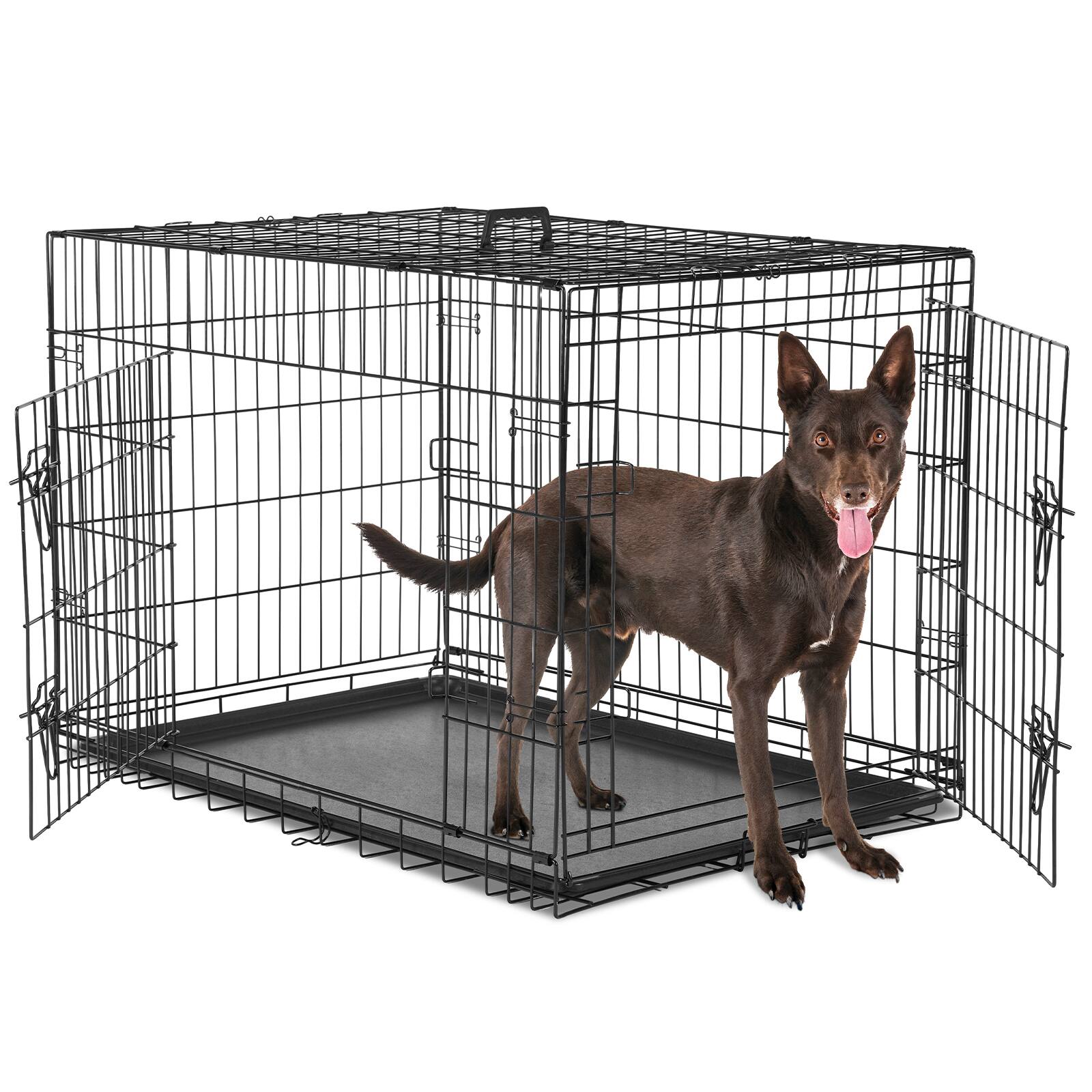 Left. AENKYO - 36" Dog Crate Kennel Double Doors Metal Foldable Pet Cage with Divider Panel & Removable Tray.