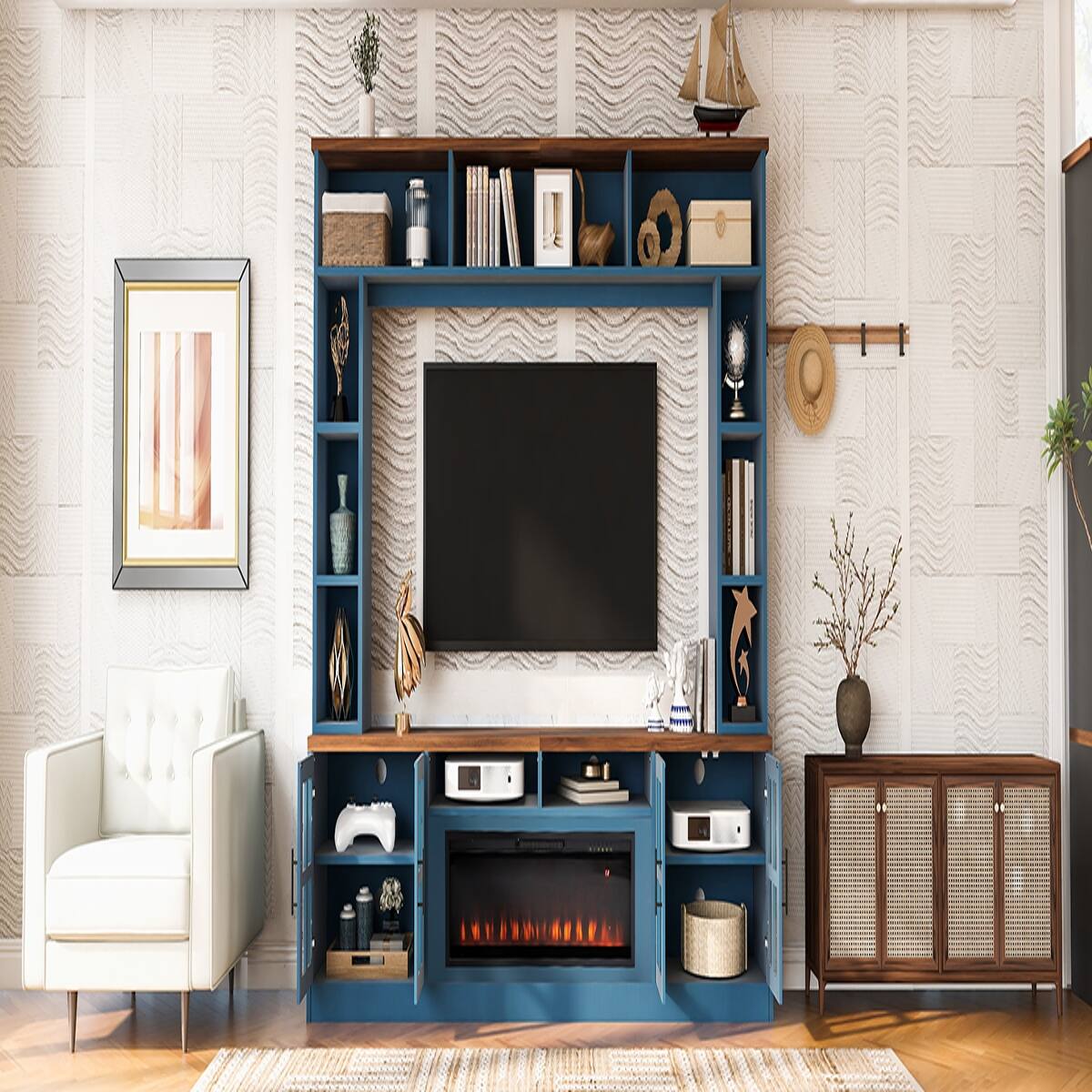 Left. Loheer - Loheer Navy Blue Media Console Entertainment Center with Electric Fireplace Wall Unit for 80 Inch TV - Navy Blue.