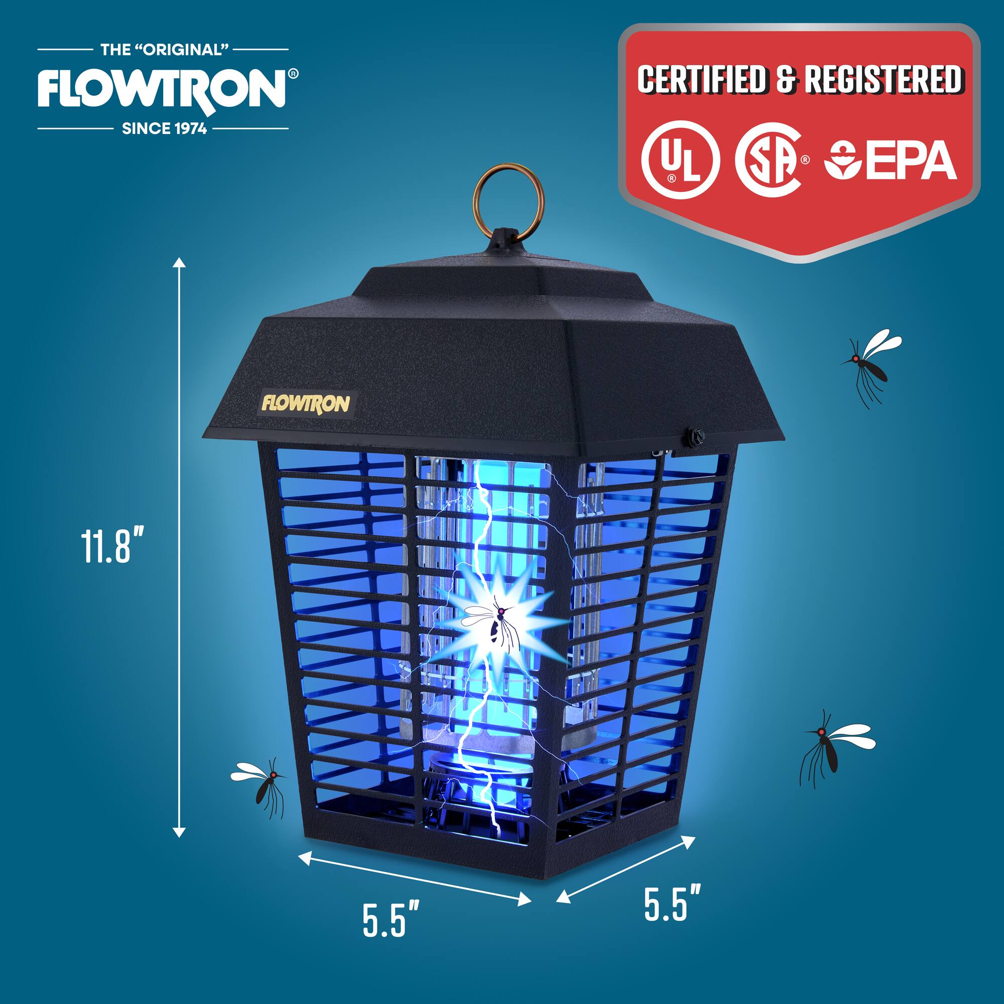 THE "ORIGINAL" FLOWTRON SINCE 1974 CERTIFIED & REGISTERED UL SR EPA FLOWTRON 11.8" 5.5" 5.5"